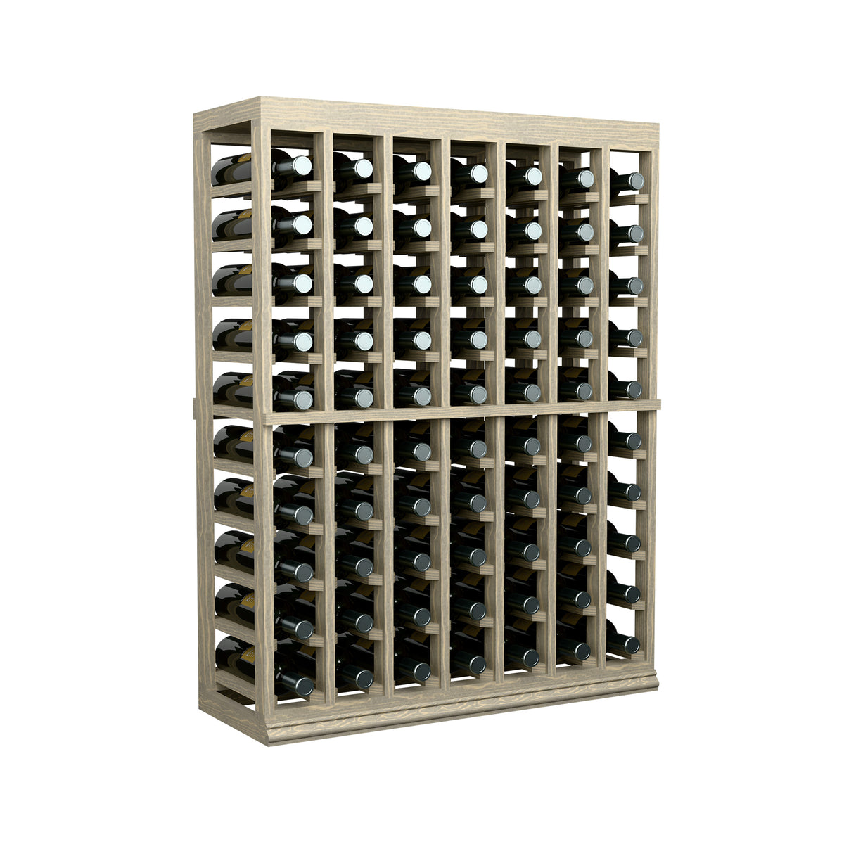 Light wood wine bottle storage cabinet with solid top and front bottle openings, grid-style