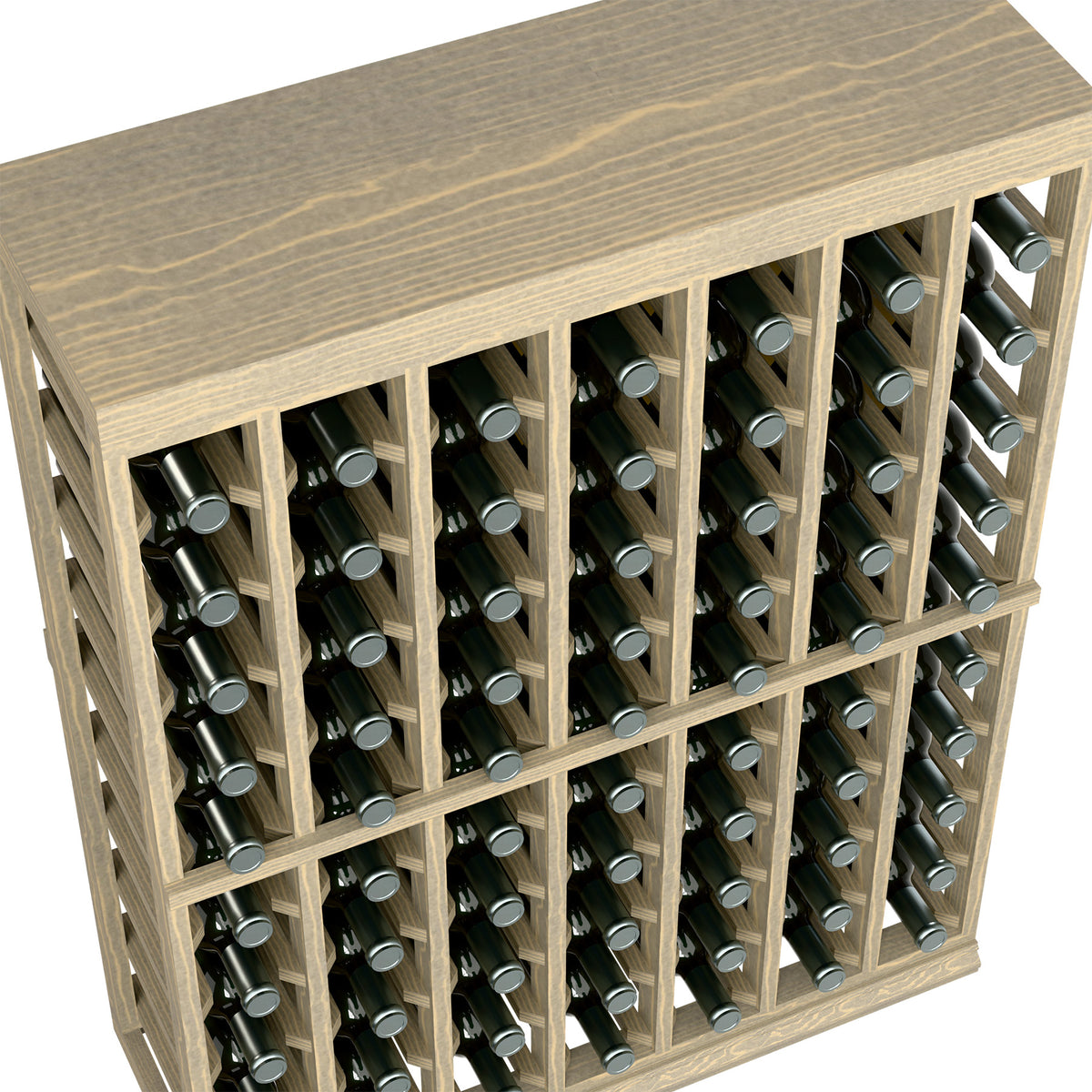 Close-up of light wood wine bottle rack showing solid top and bottle neck compartments