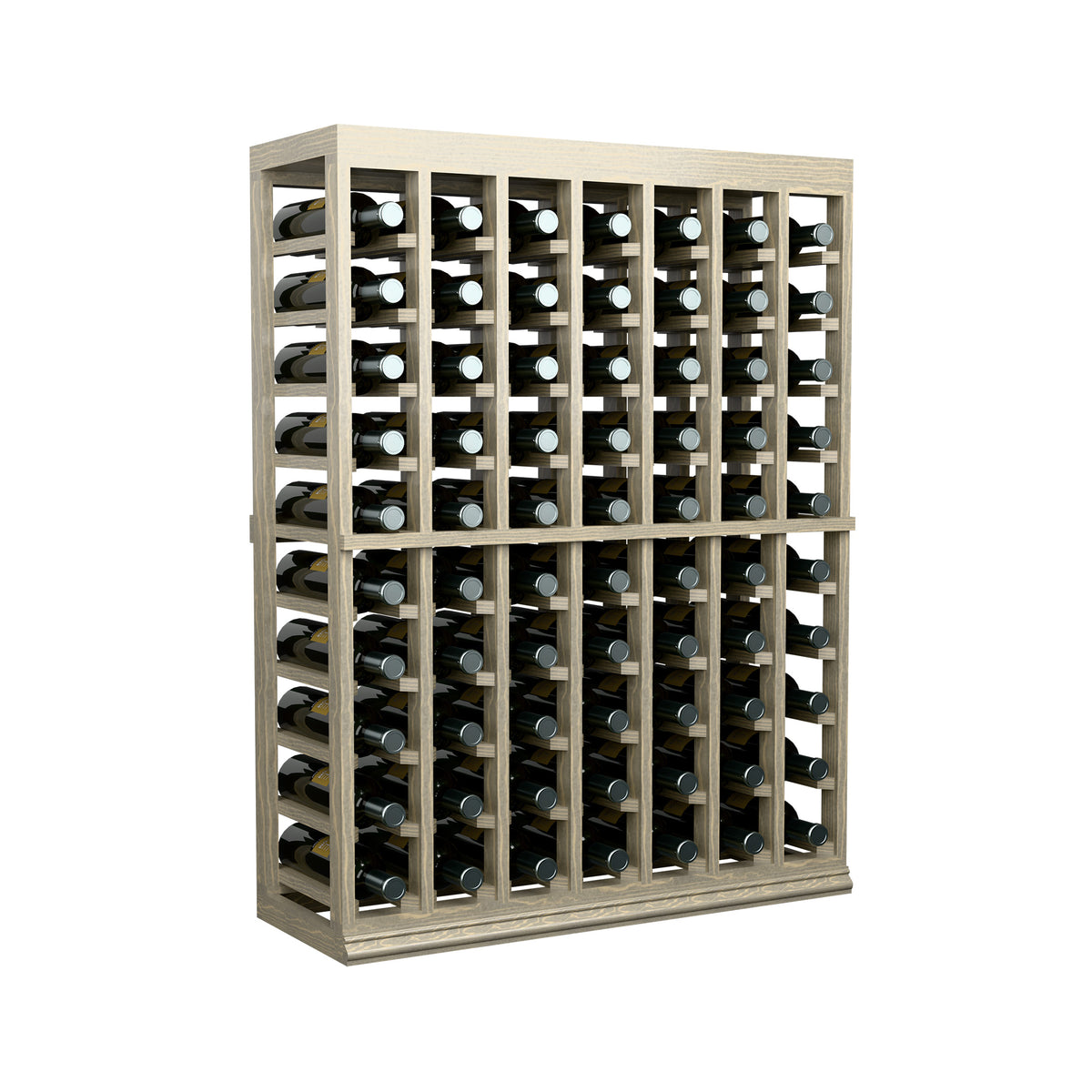 Light wood wine bottle storage cabinet with solid top and front grid, multiple bottle slots
