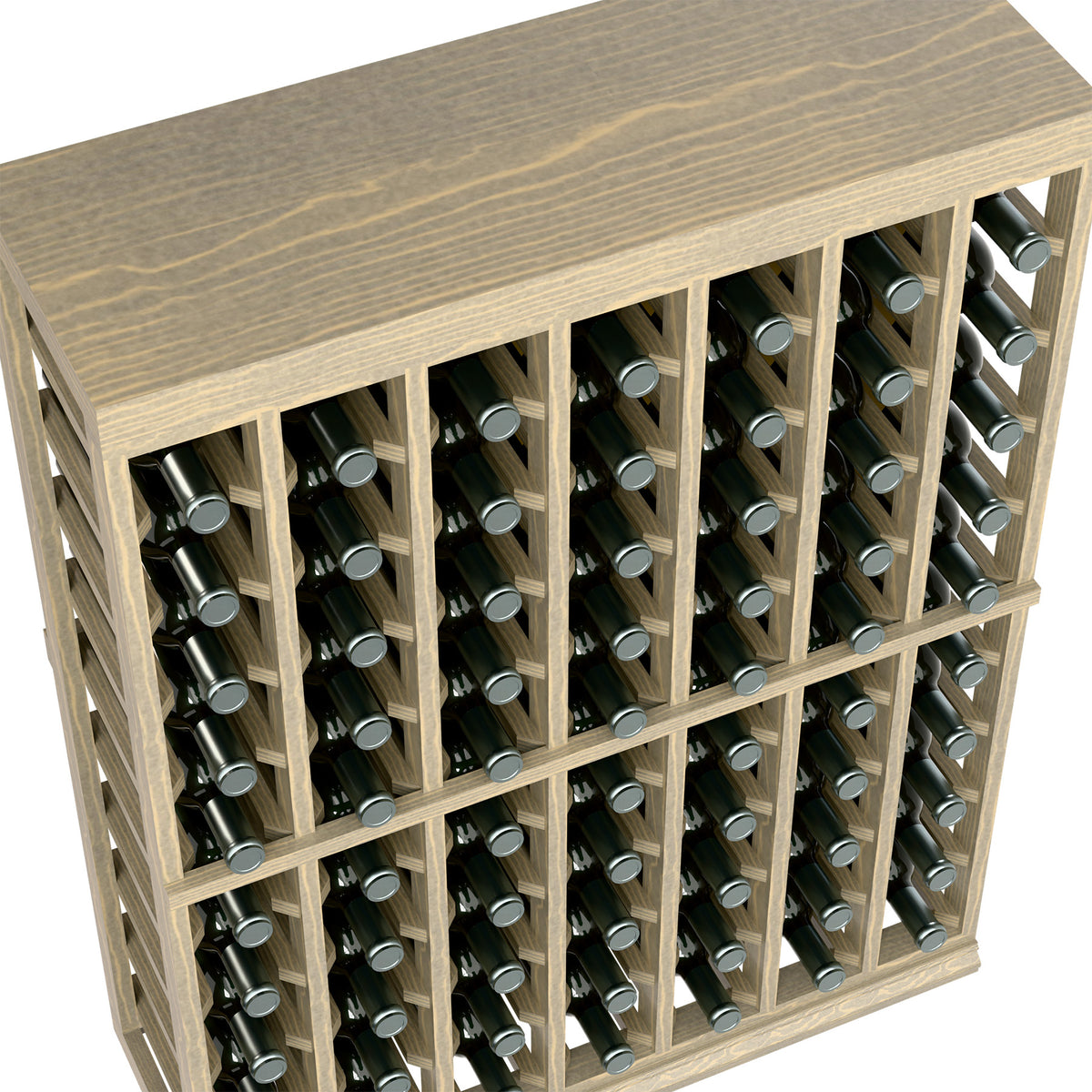 Close-up view of light wood wine bottle rack with solid top and bottle row dividers