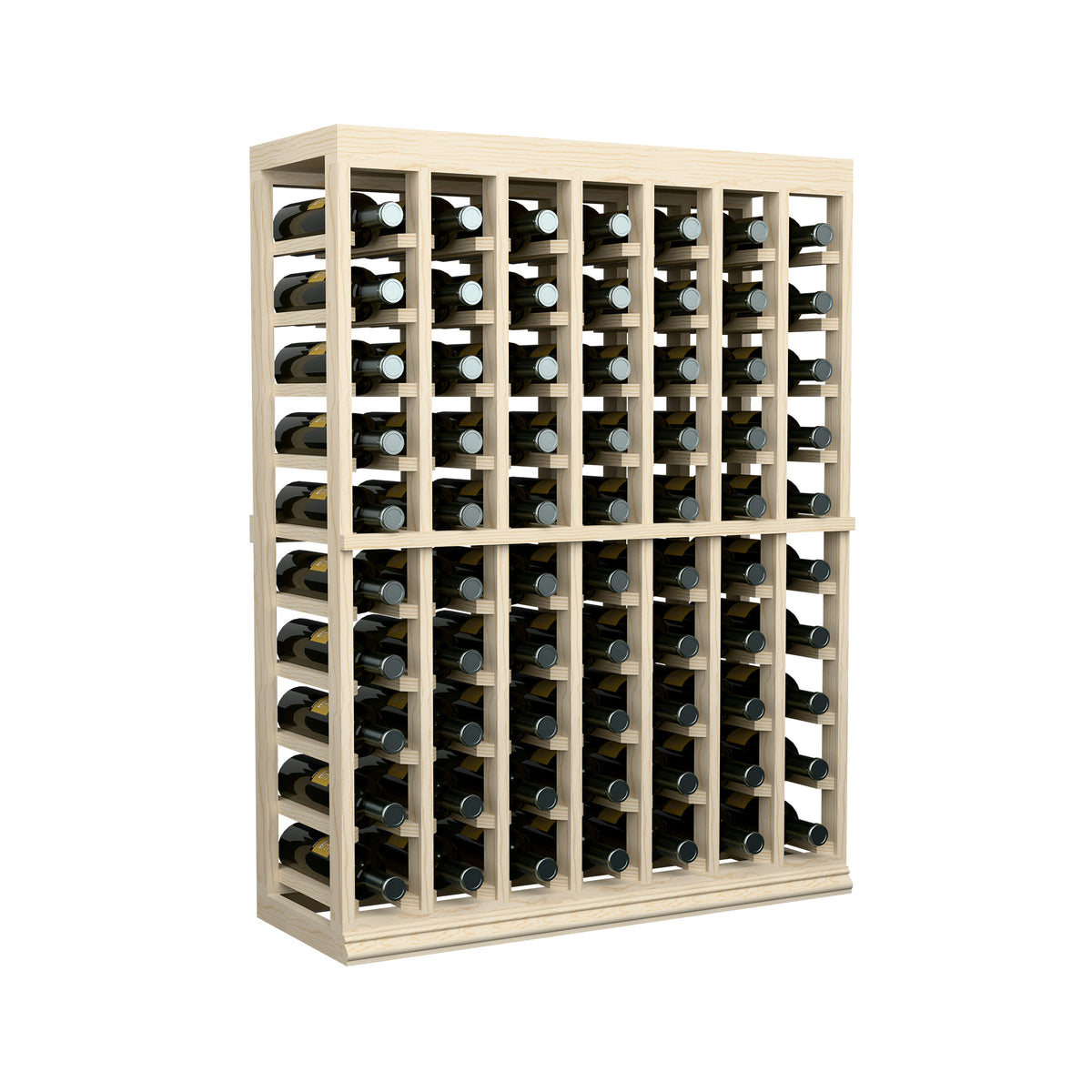 Light wood wine bottle storage cabinet with solid top and evenly spaced bottle openings