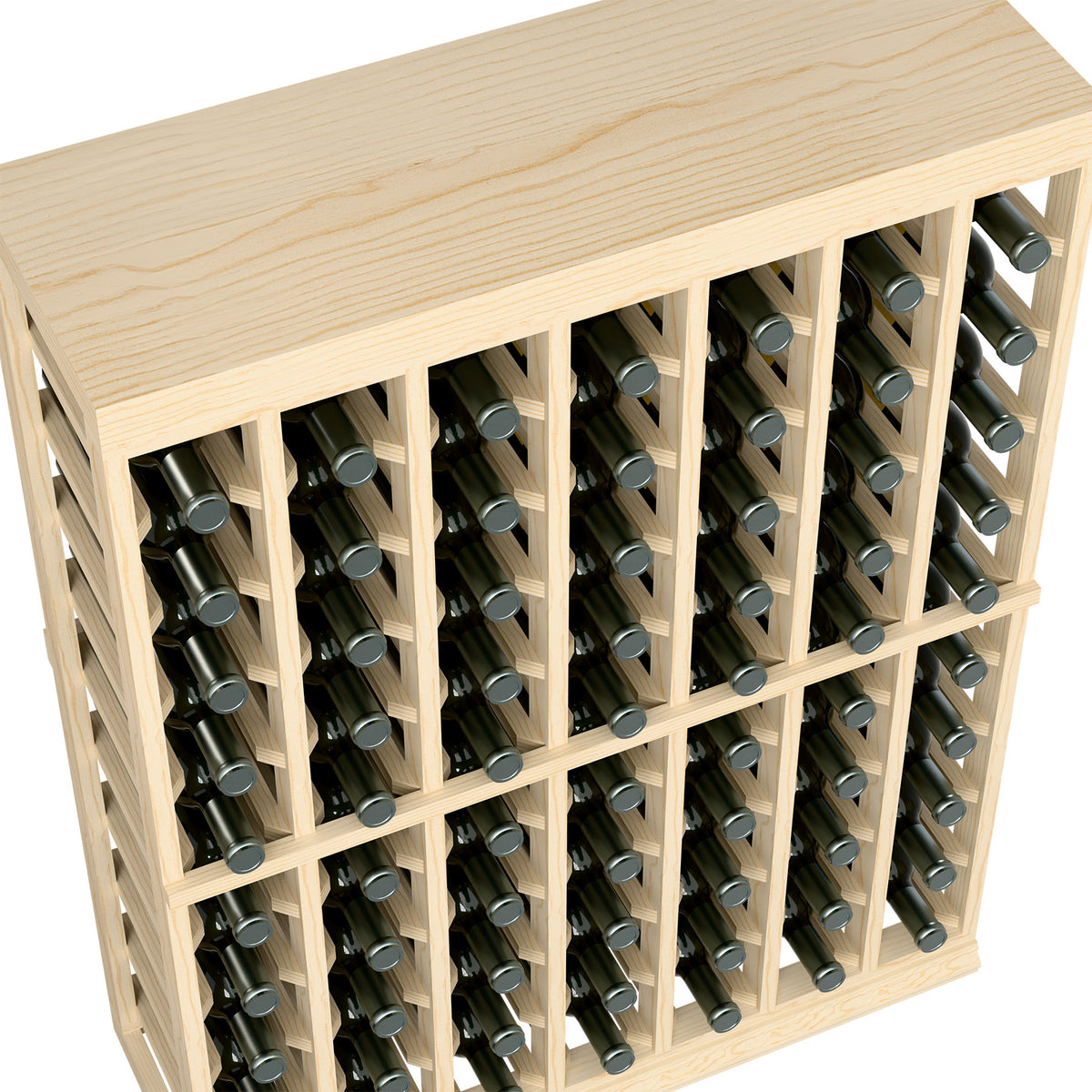 Close-up of light wood wine bottle rack featuring solid top and front bottle compartments