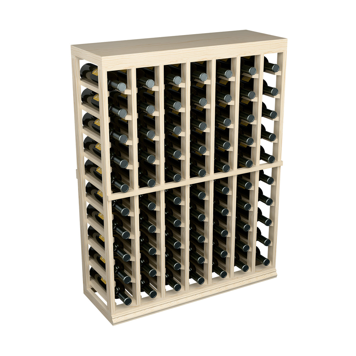 Light wood wine bottle rack with solid top and front grid, multiple bottles in slots