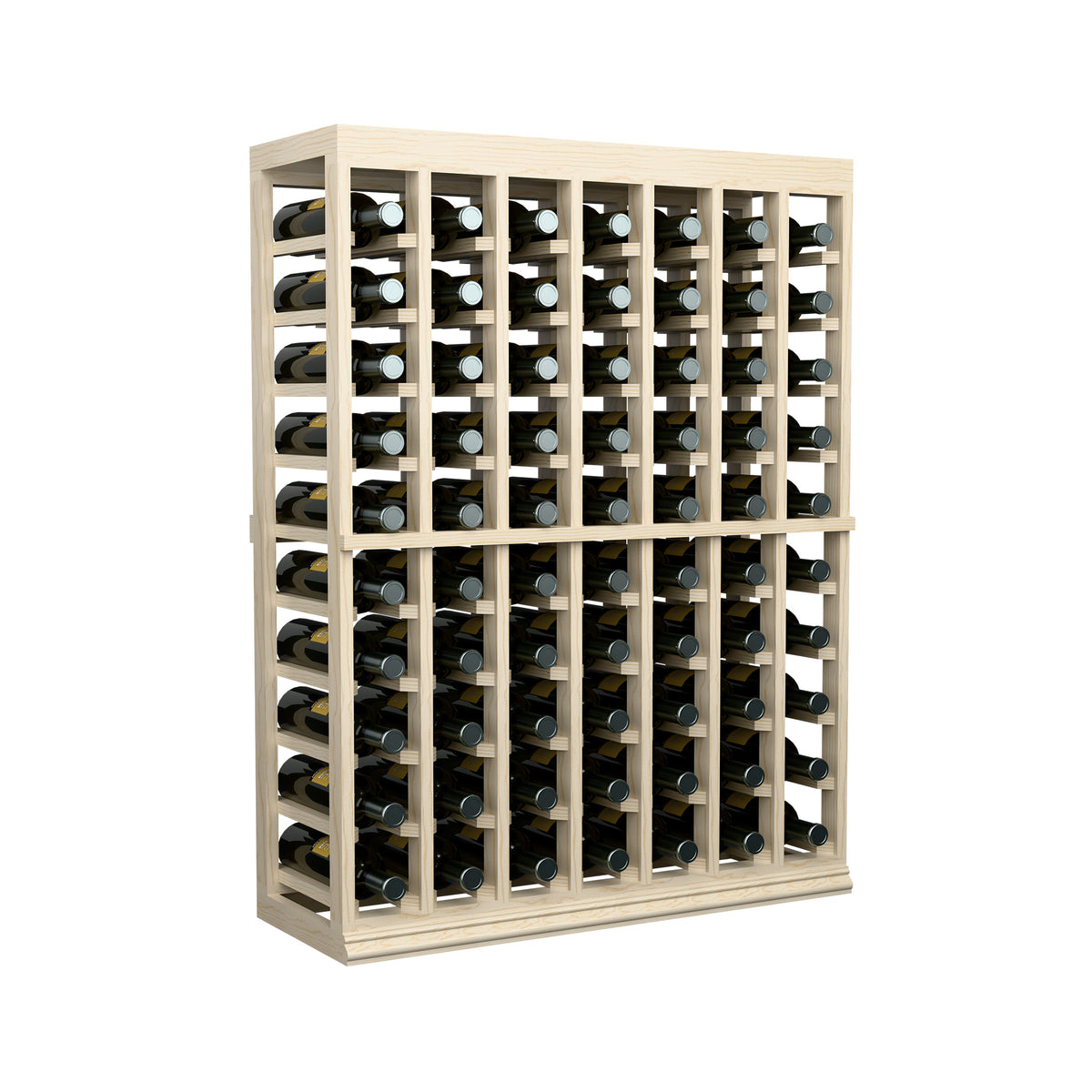 Half-height wine tasting table with solid top, light wood bottle rack with many wine bottles