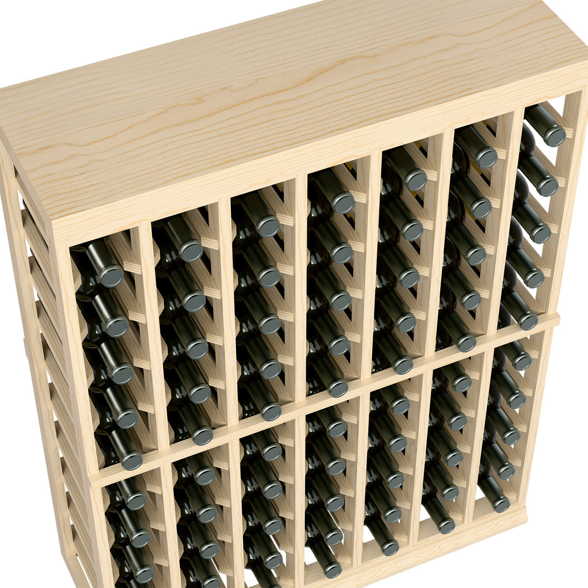 Light wood wine bottle display rack with rows of bottles and slotted top edge