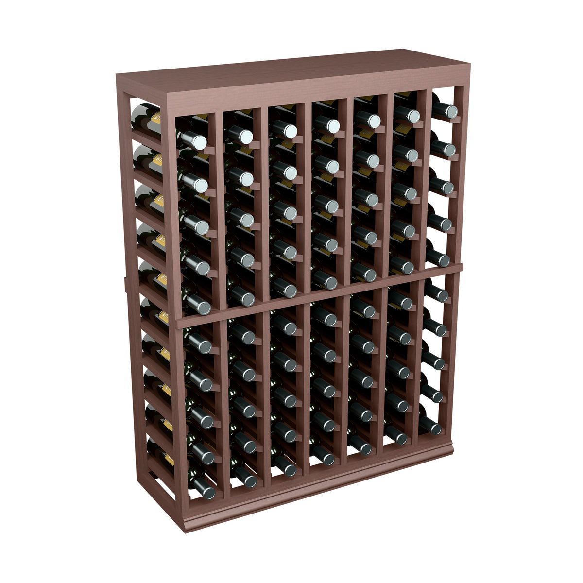 Half-height wine tasting table with solid top, dark wood bottle rack with wine bottles