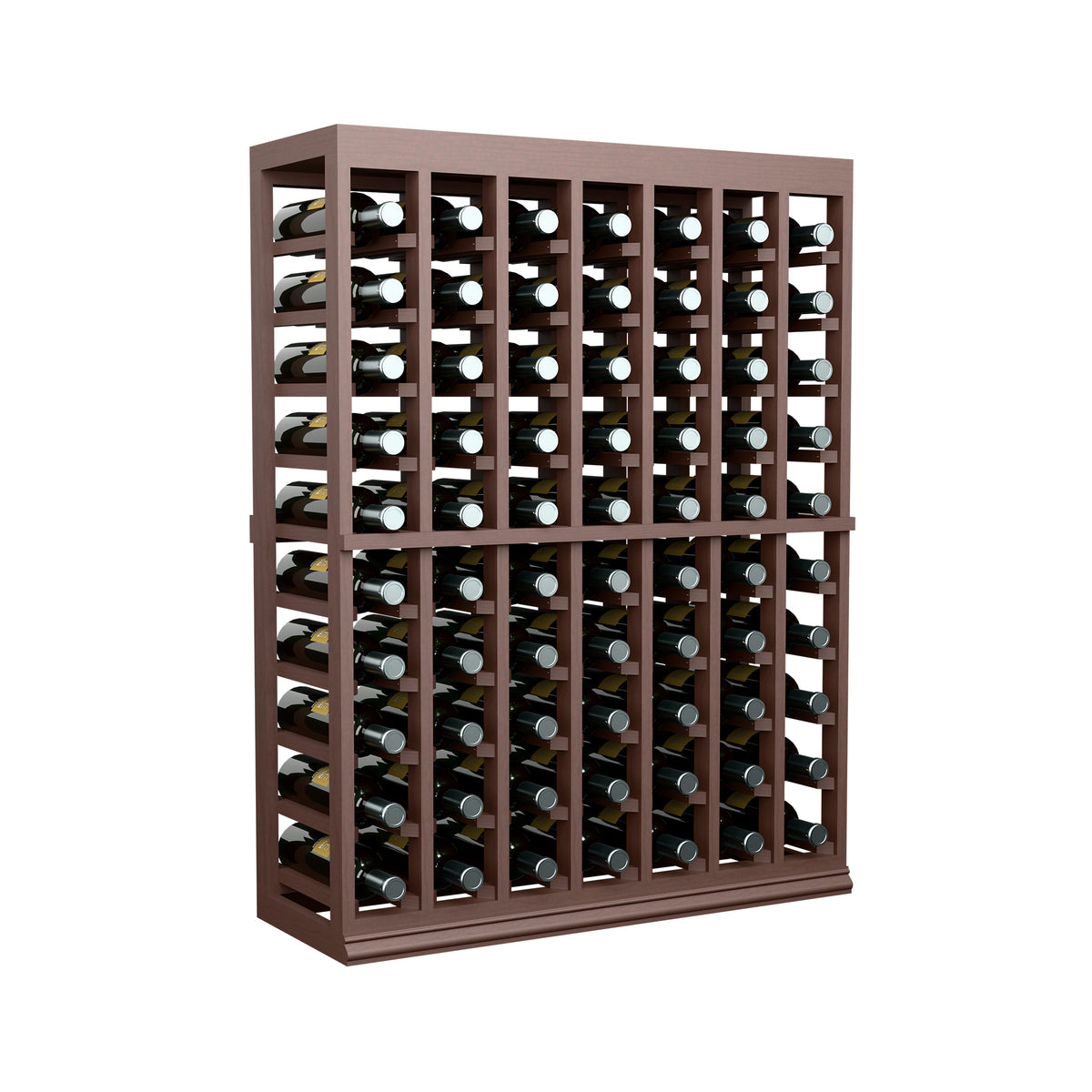 Half-height wine tasting table with solid top, dark wood wine bottle rack front view