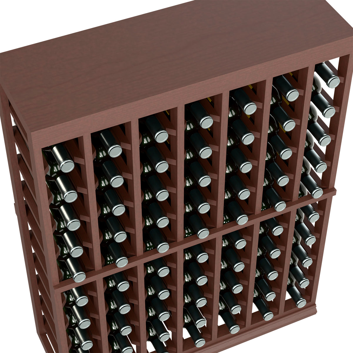 Dark wood bottle rack top section with wine bottles in horizontal slots under solid top