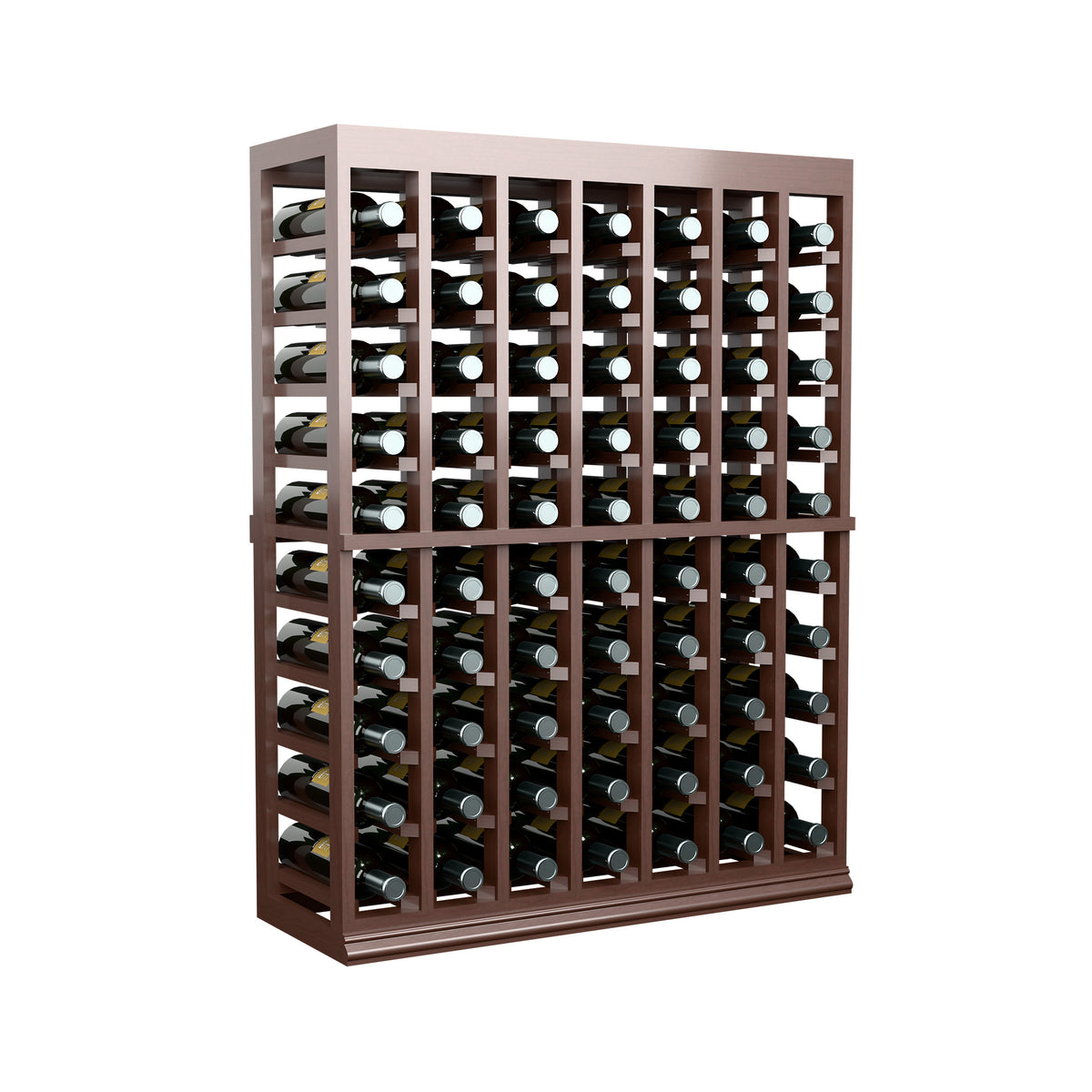 Half-height wine tasting table with solid top, espresso-tone wood bottle rack with wine bottles