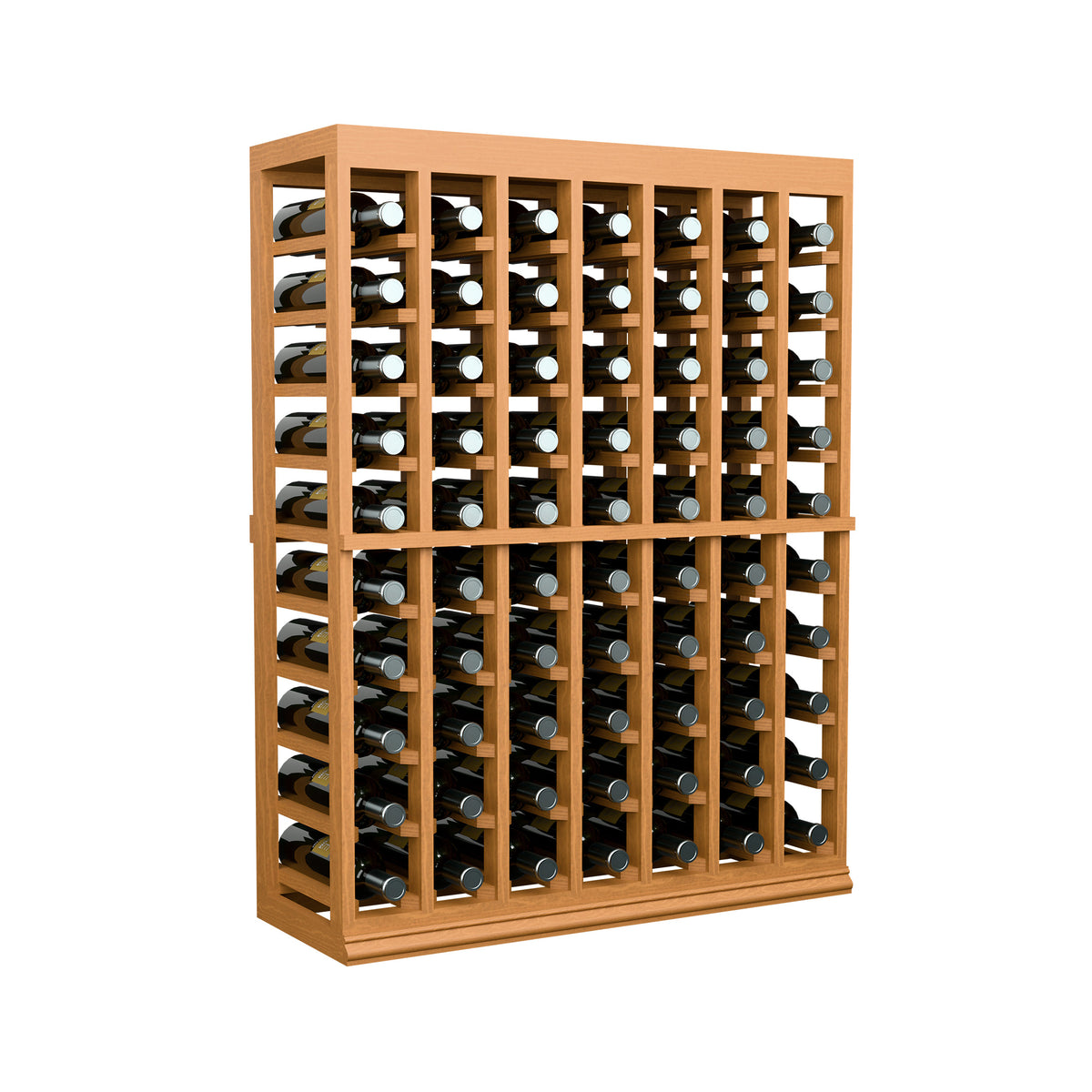 Natural wood wine bottle rack with solid top, half-height tasting table design