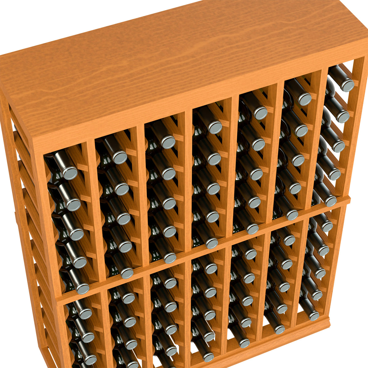 Wood half-height wine tasting table with solid top, holding multiple wine bottles
