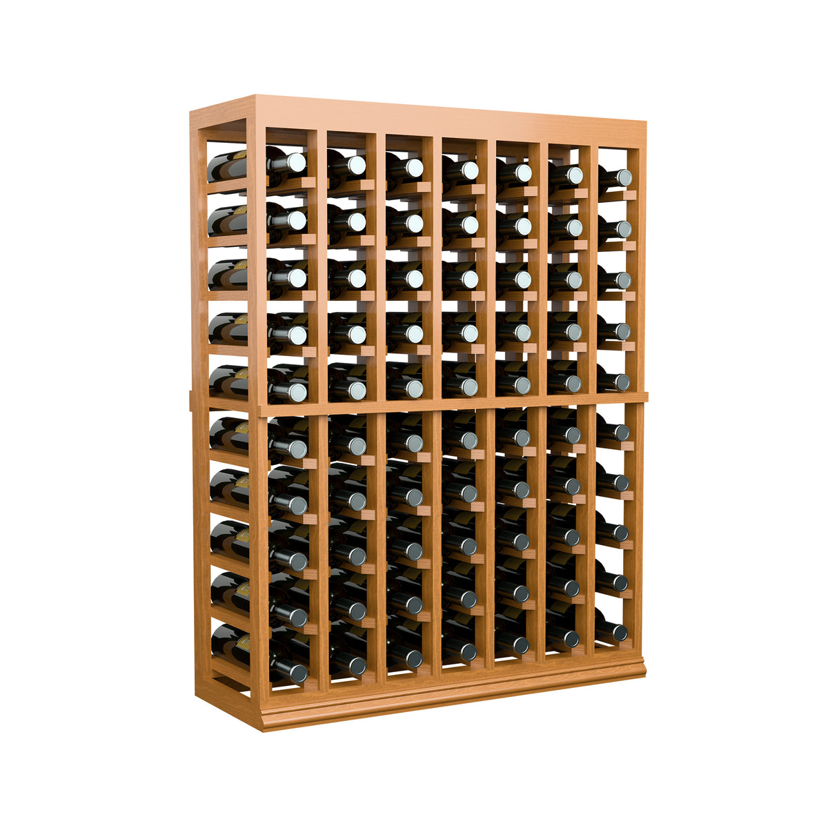 Wood half-height wine tasting table with solid top, filled bottle slots in front