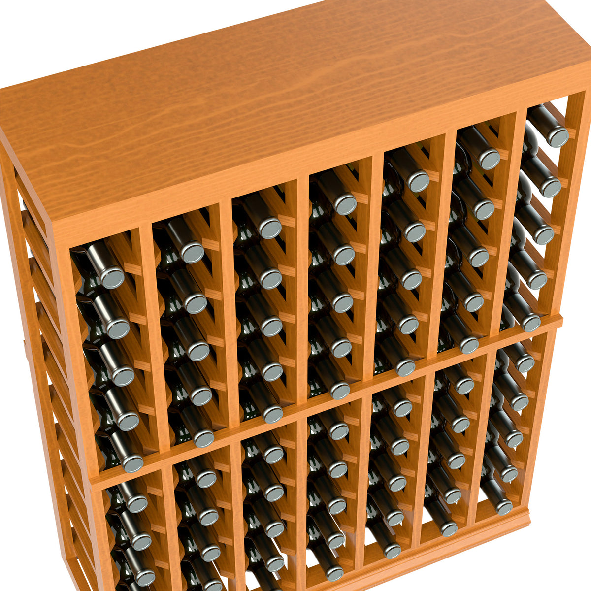 Reddish wood half-height wine tasting table with solid top and bottle rack front