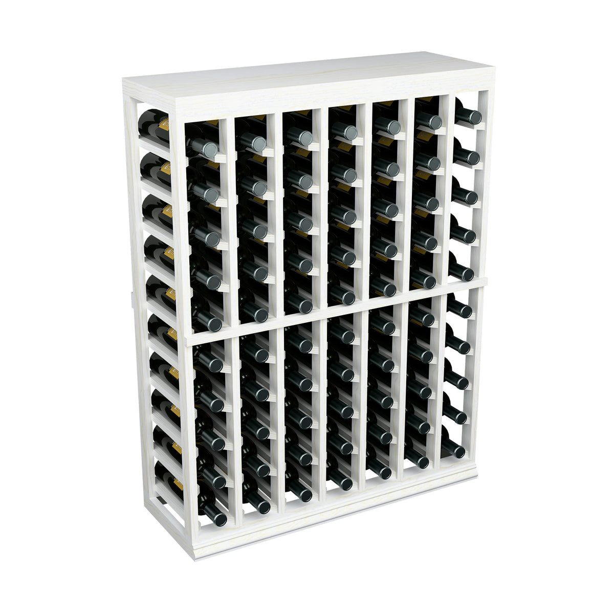 White half-height wine tasting table with solid top, front bottle storage grid