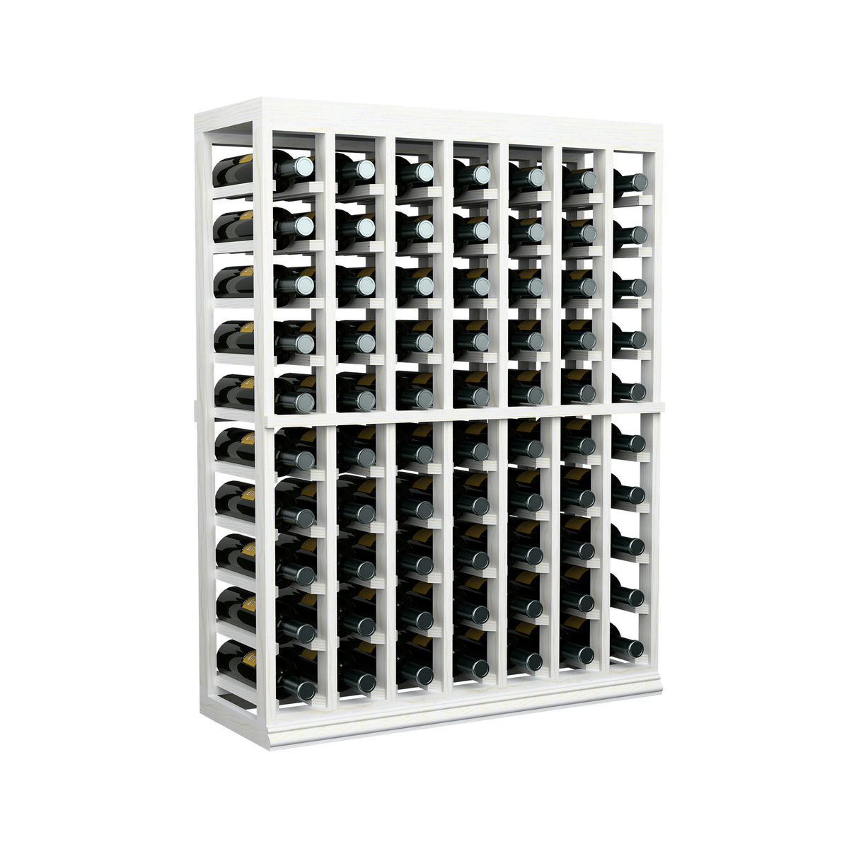 White half-height wine tasting table with solid top, multiple wine bottles in slots