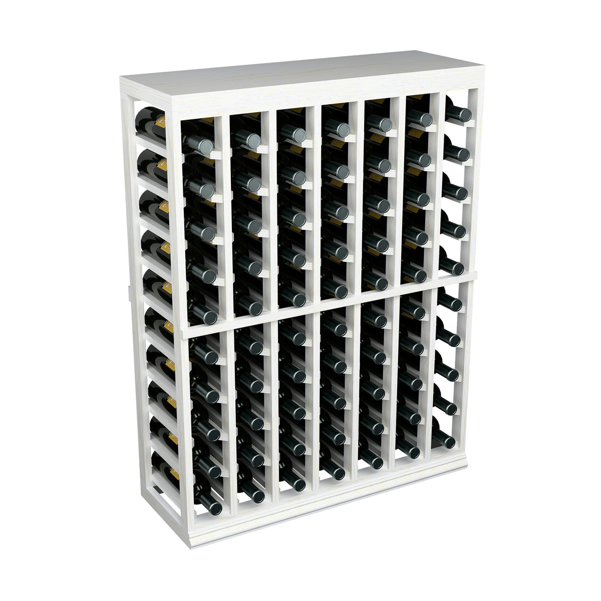White half-height wine tasting table with solid top, open wooden frame bottle rack
