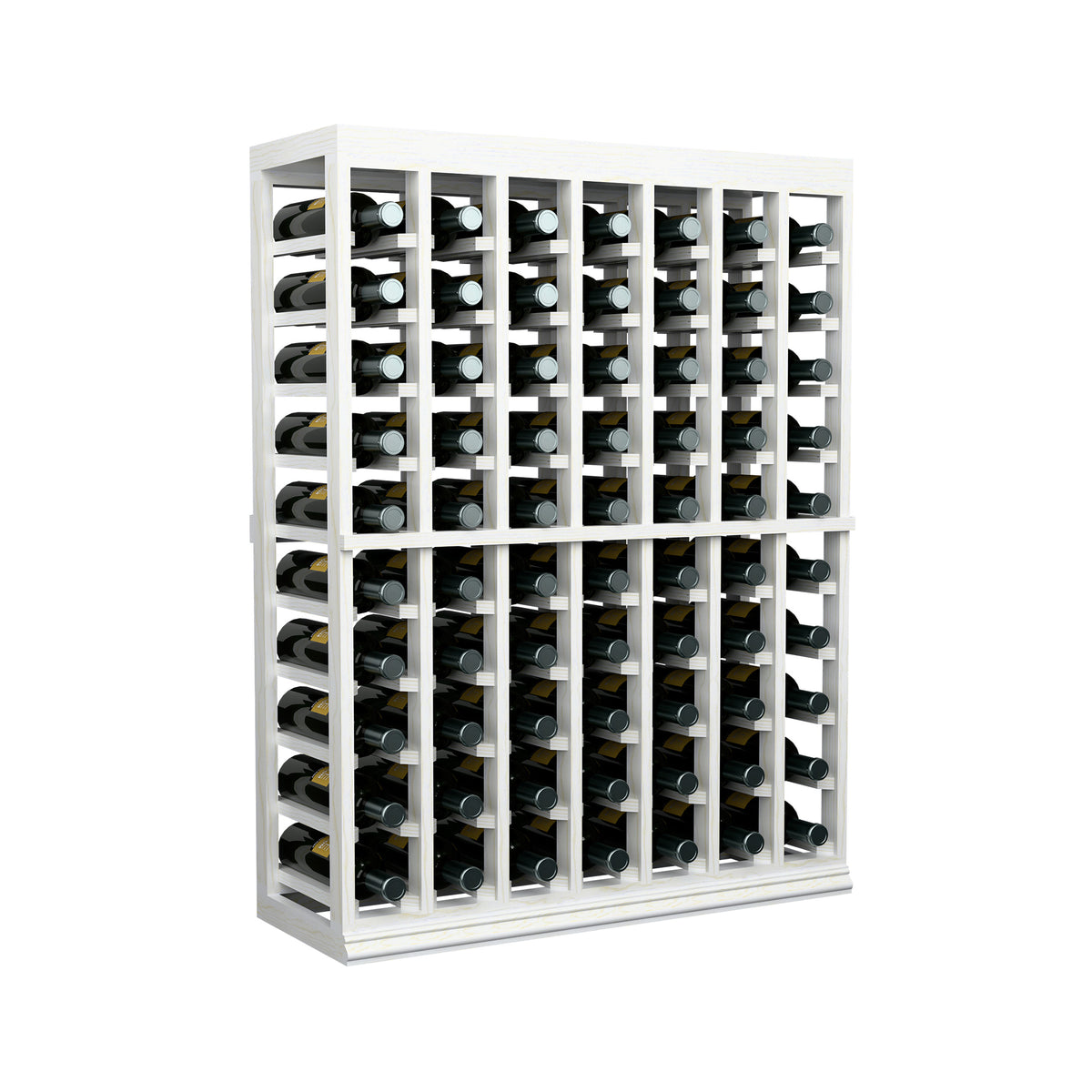 White half-height wine tasting table with solid top, bottle storage view from front