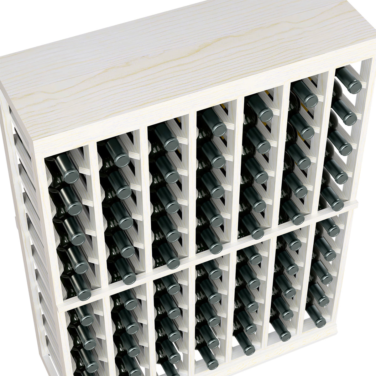 White half-height wine tasting table with solid top, bottle slots visible on front