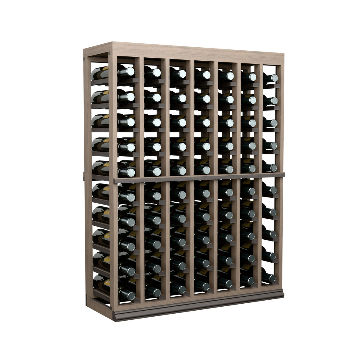Dark wood wine bottle rack with solid top, half-height, angled front view