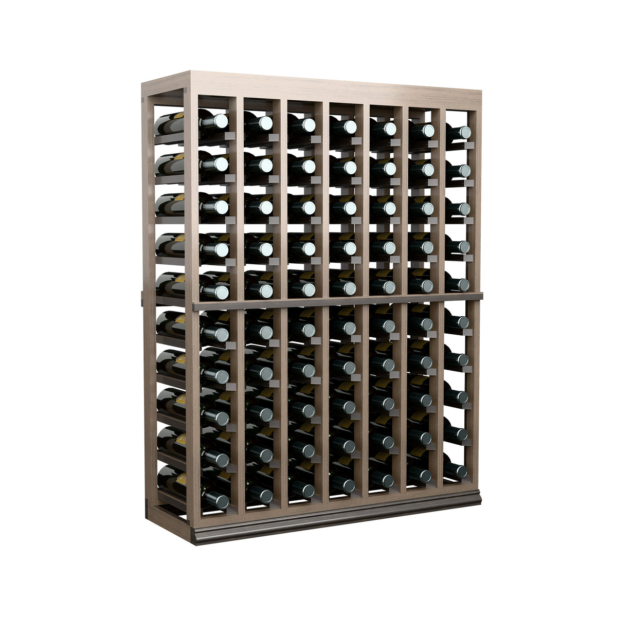 Light-to-dark wood wine bottle rack with solid top, half-height, three-quarter view