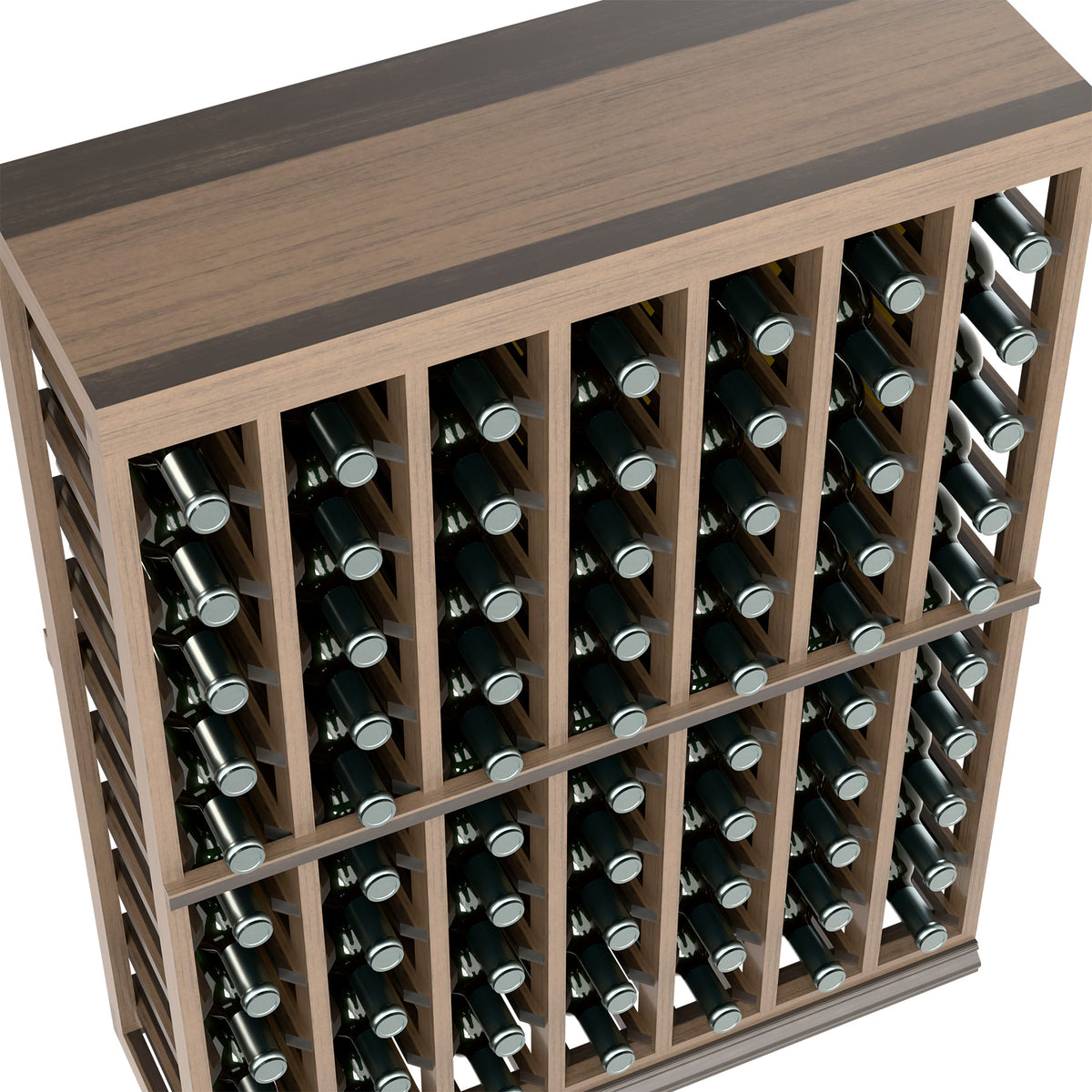 Light wood wine bottle rack with solid top, half-height, front bottle rows detail