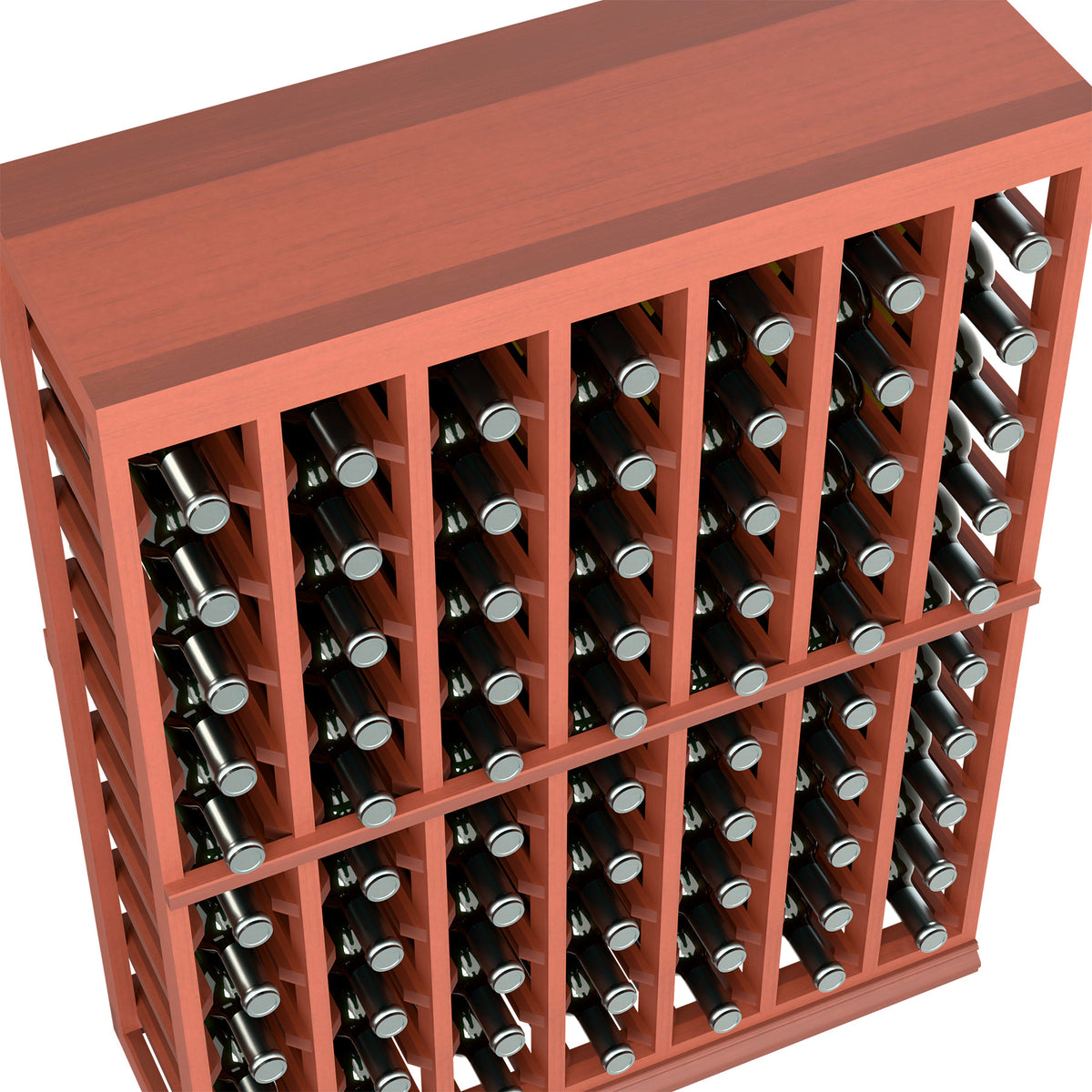 Red wood wine bottle rack with solid top, half-height, bottle-slot close-up