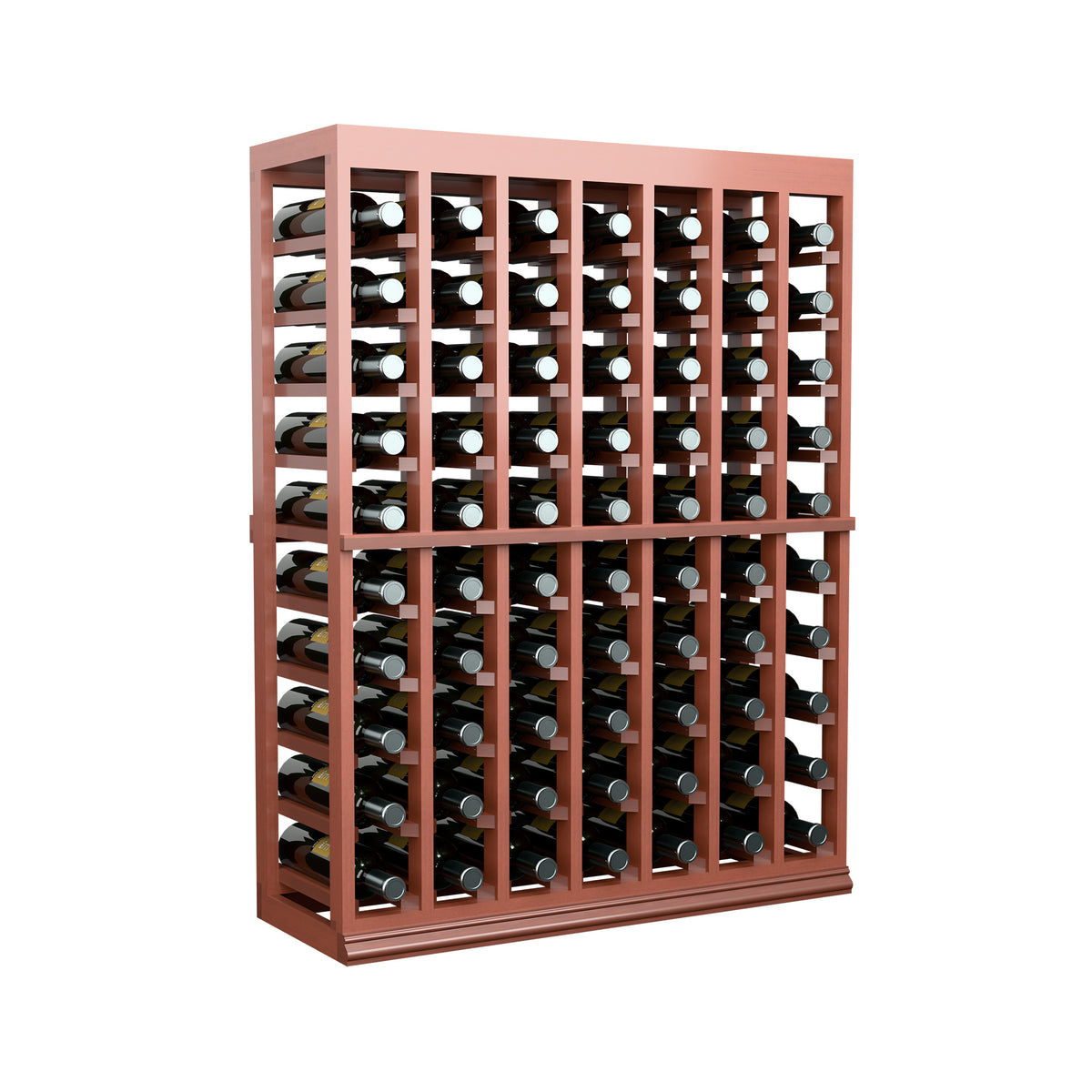 Half-height wine bottle tasting table with solid top, holding bottles in wooden cubbies.