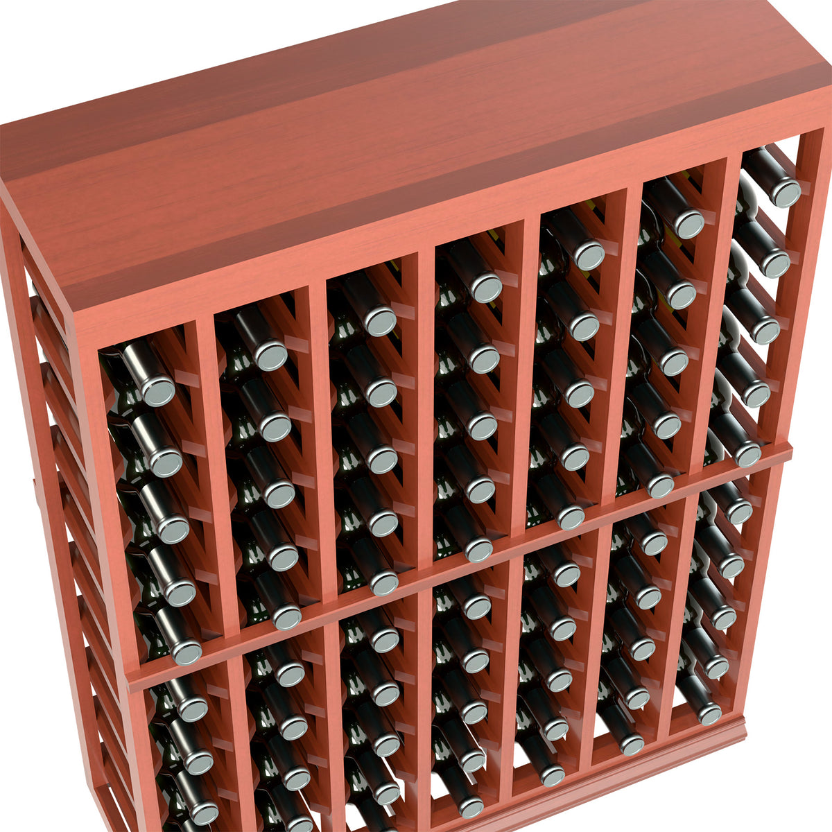 Close-up of a wooden half-height wine bottle tasting table with bottle slots and solid top.