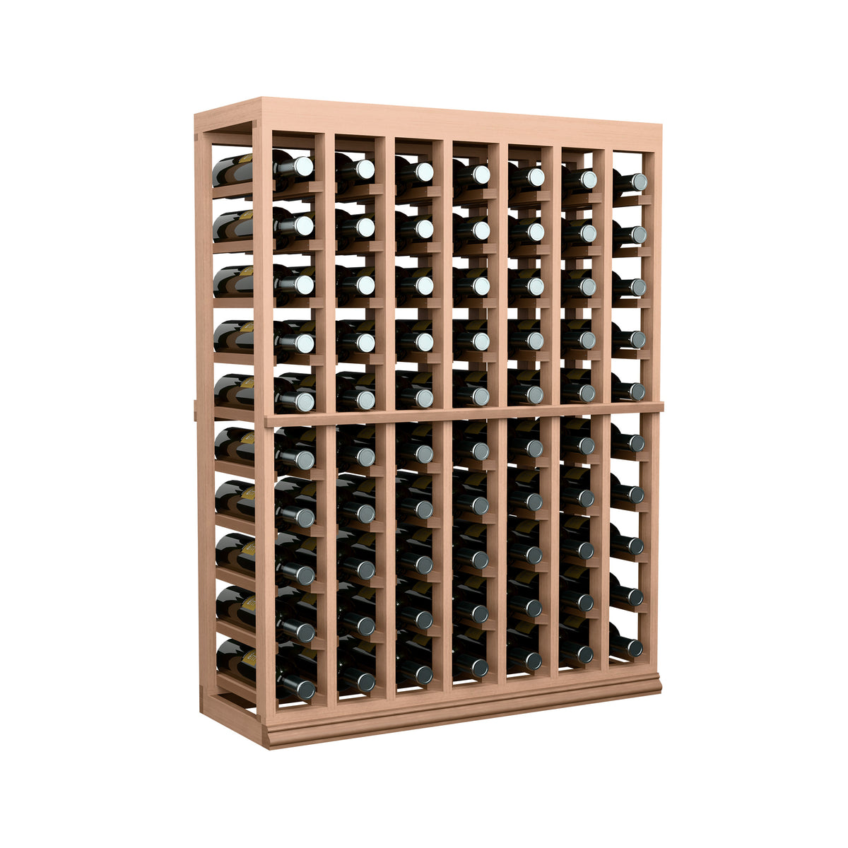 Wood half-height wine bottle tasting table with solid top, featuring bottle slots across the front.