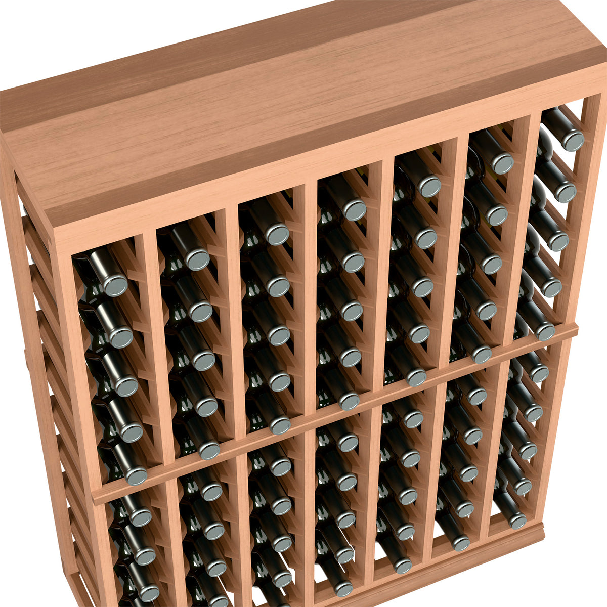 Close-up view of a wooden half-height wine bottle tasting table, showing bottle rows and solid top.