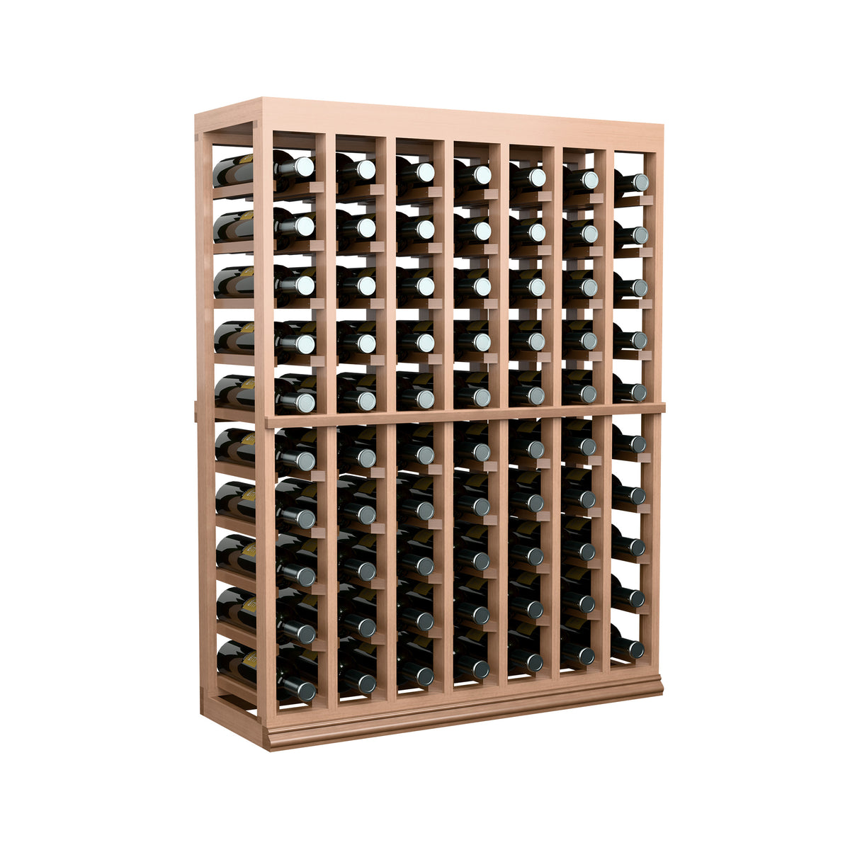 Half-height wine bottle tasting table with solid top in light wood, front view of bottle rack.