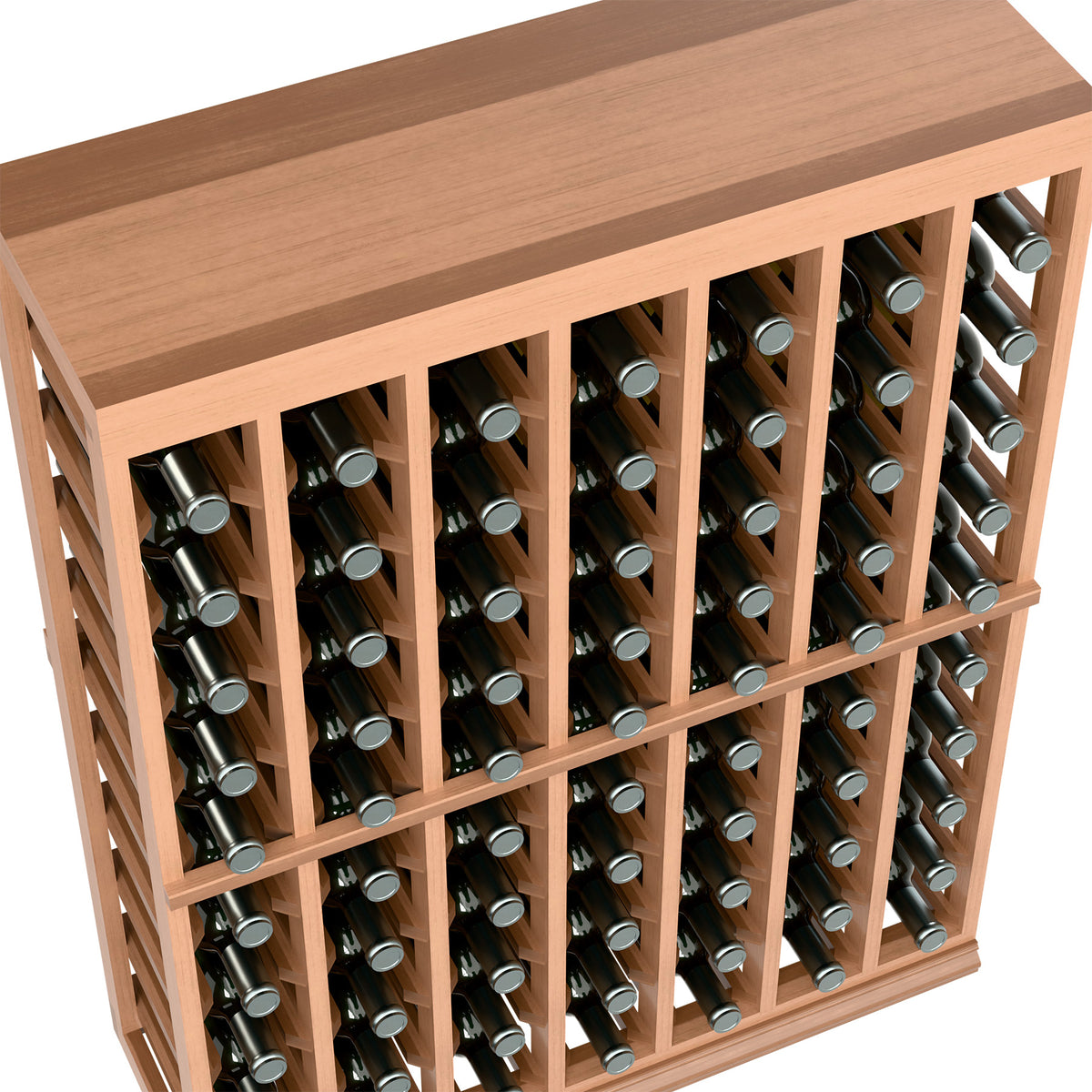 Angled close-up of a light wood half-height wine bottle tasting table with bottle slots.