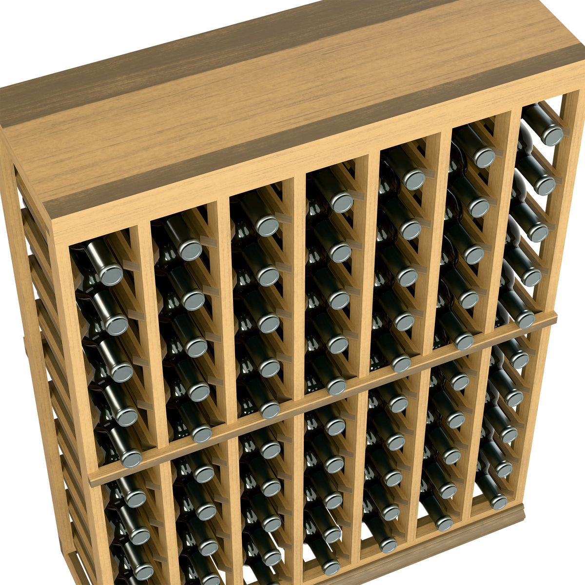 Half-height wine tasting table with solid top, natural wood frame, bottle slots