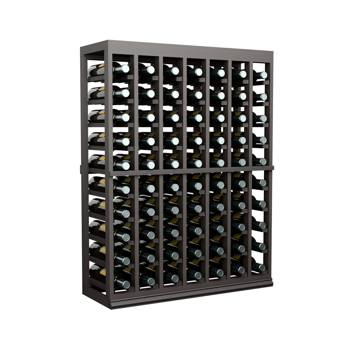 Half-height wine tasting table with solid top, dark wood rack, bottle slots