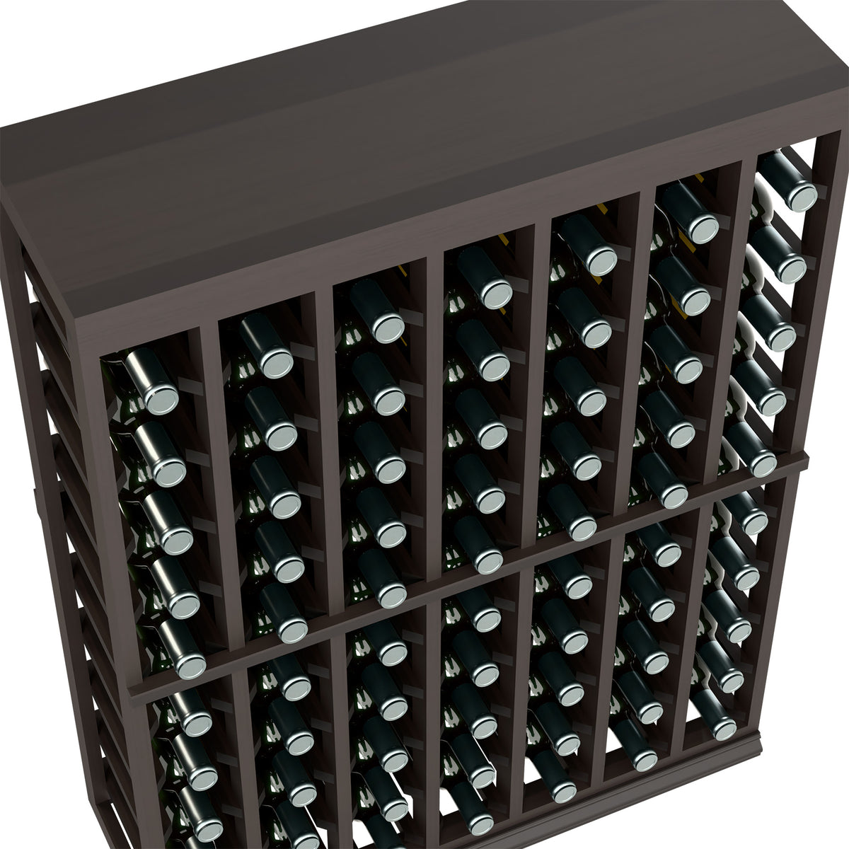 Half-height wine tasting table with solid top, dark frame, close-up of bottle holders