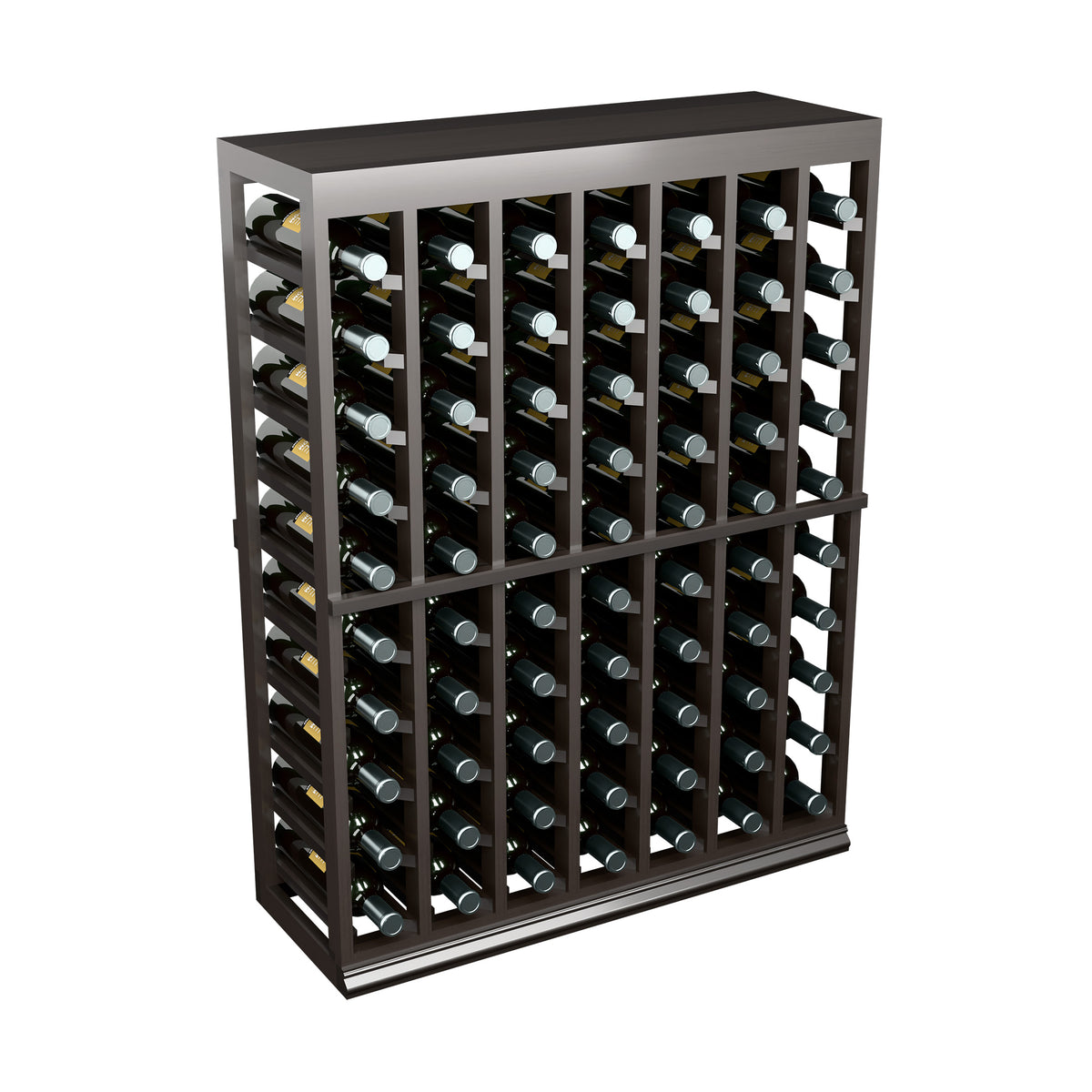 Half-height wine tasting table with solid top, dark finish, bottle rack front view