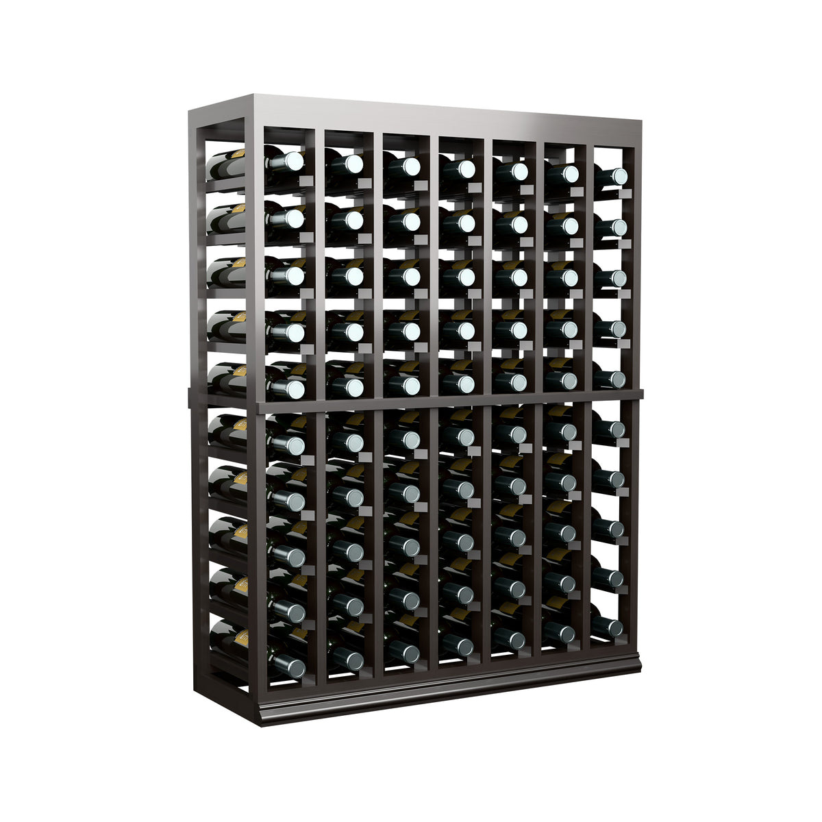 Half-height wine tasting table with solid top, dark frame, multiple bottle rows