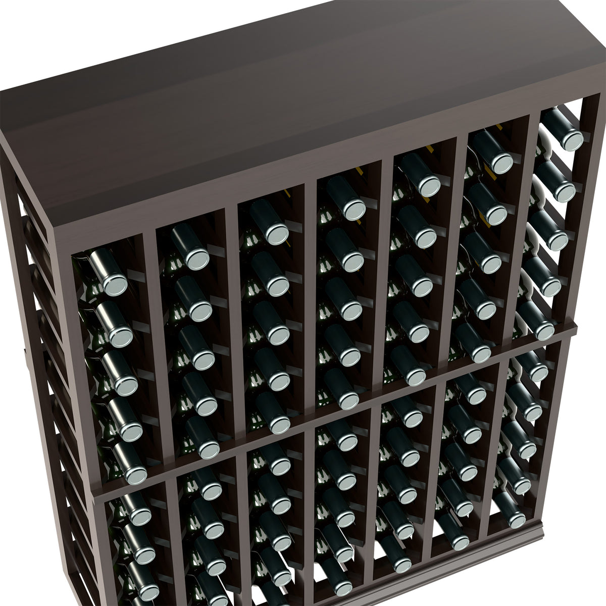 Half-height wine tasting table with solid top, dark frame, bottle necks in holders