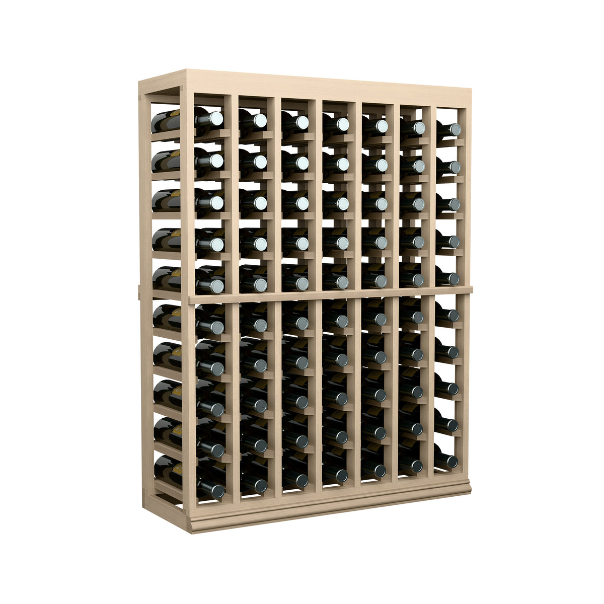 Half-height solid-top wine tasting rack table, light wood frame with bottle rows
