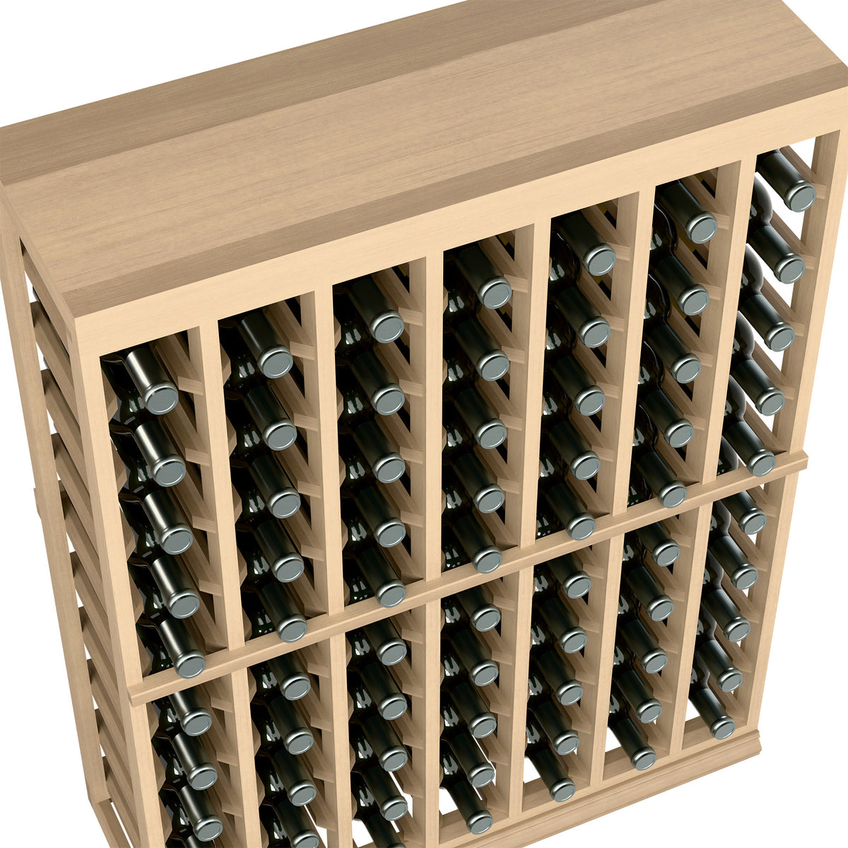 Light wood half-height wine tasting rack table with front bottle slots and dividers