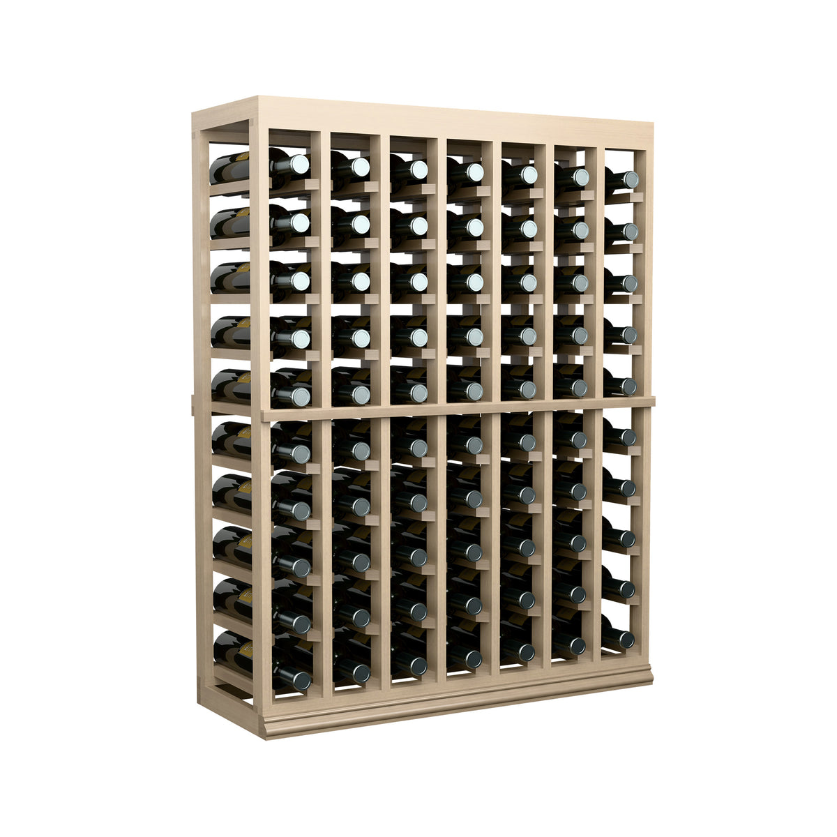 Half-height solid-top wine tasting rack table in light wood with symmetrical bottle slots