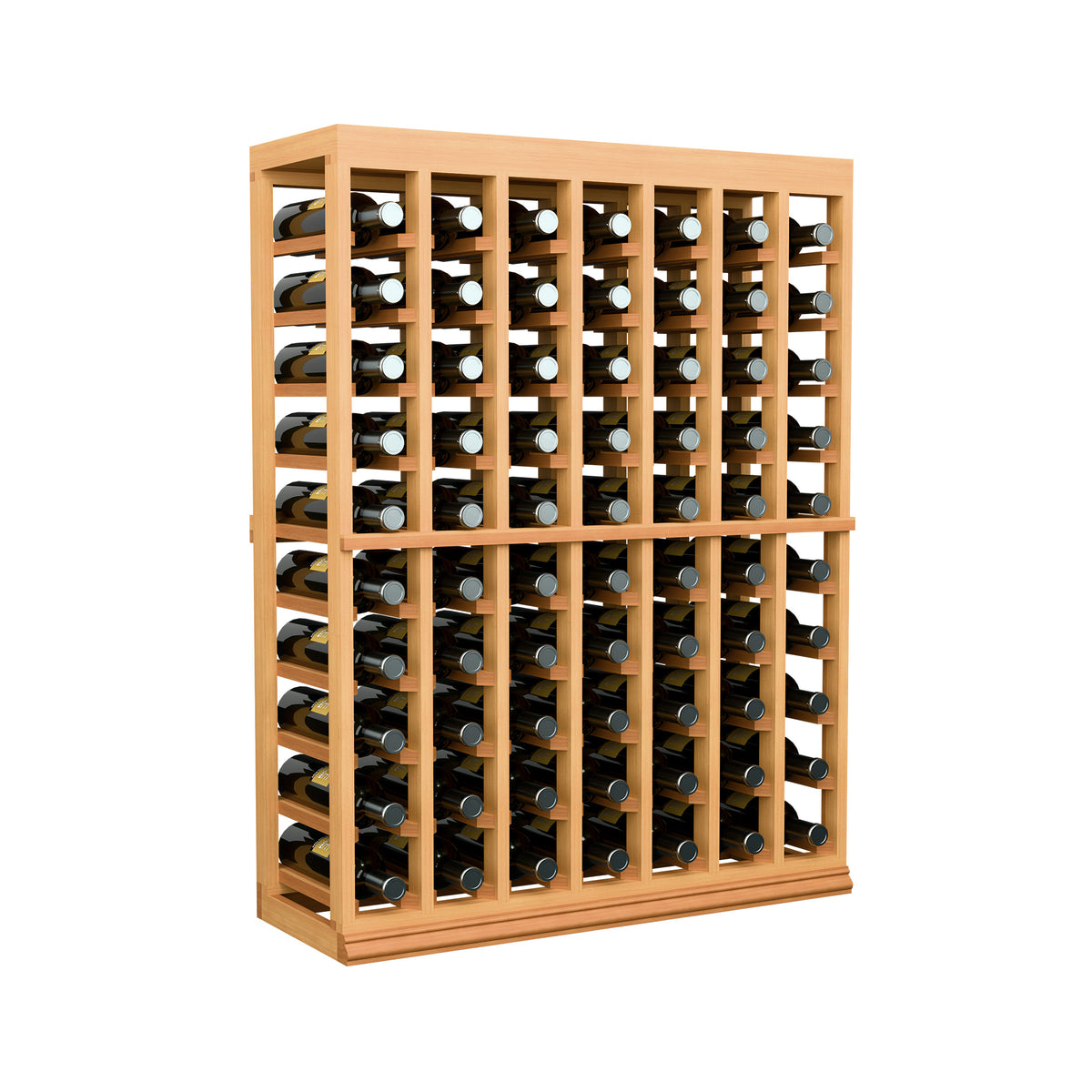 Half-height solid-top wine tasting rack table in warm wood with rows of bottle slots