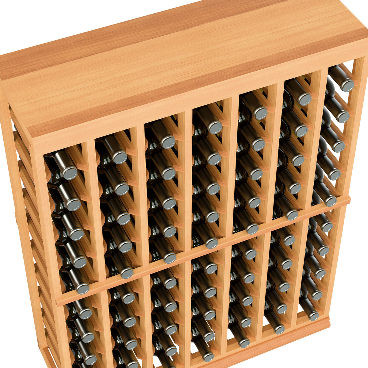 Warm wood half-height wine tasting rack table with close-up bottle holders and dividers