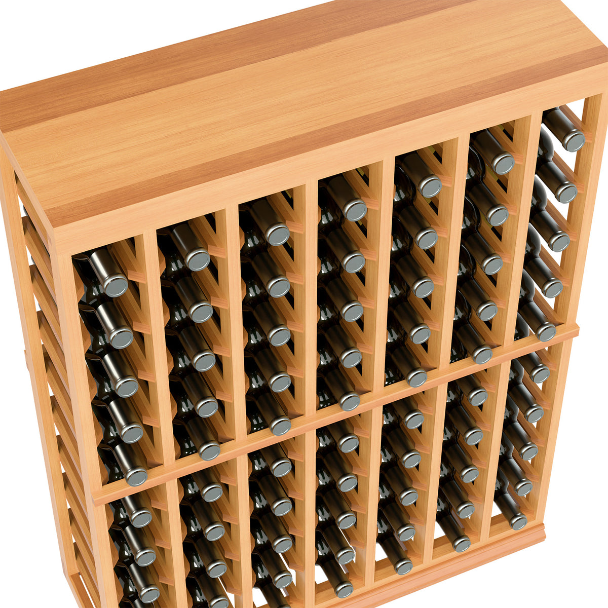 Half-height wine bottle tasting table, close-up of bottle rows in light stained wood