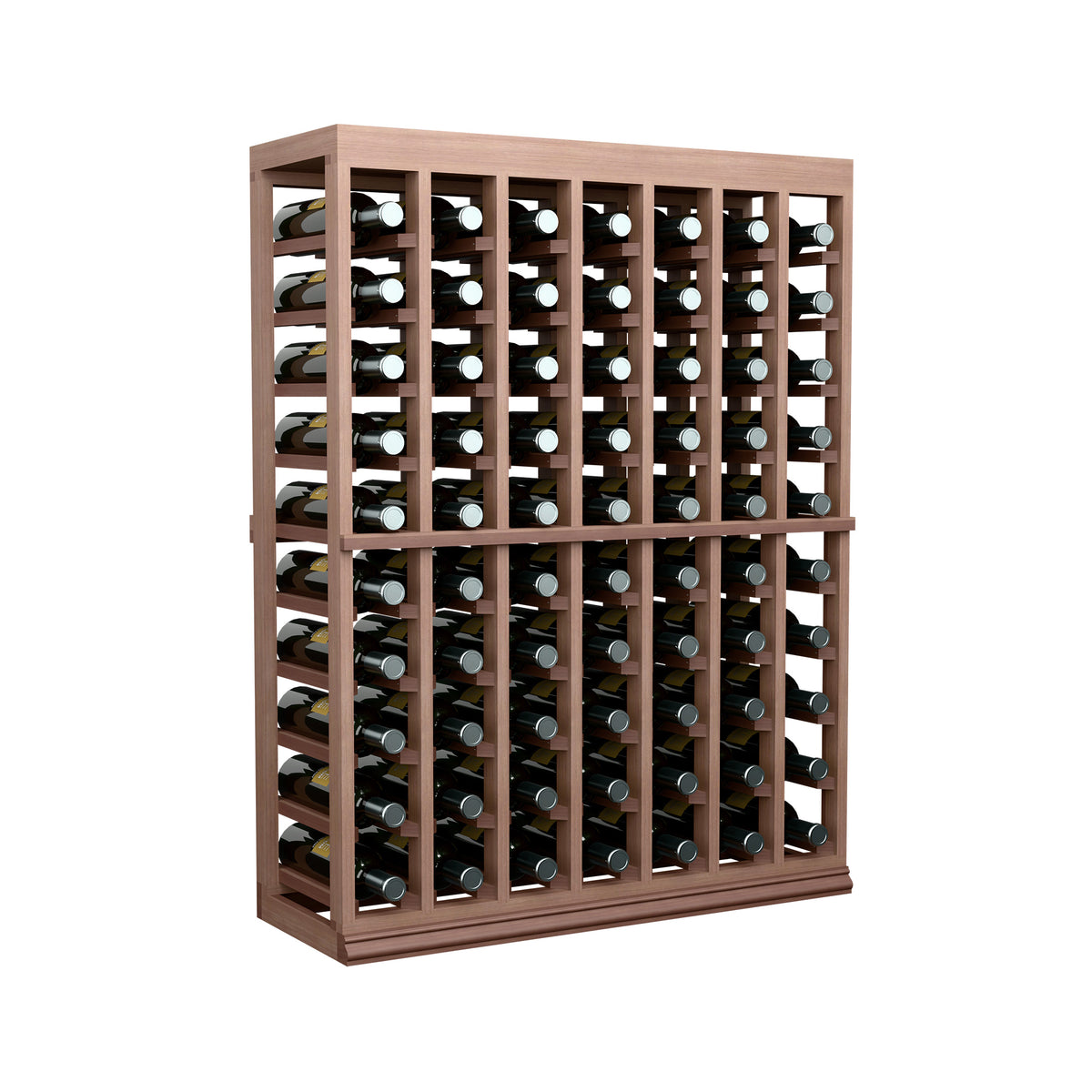Wine bottle tasting table with half-height solid top, front view of bottle slots, dark stained wood