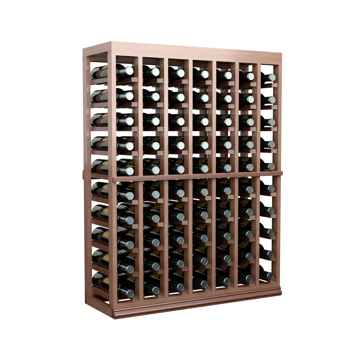 Wine bottle tasting table with half-height solid top, front view of bottle slots, medium stained wood