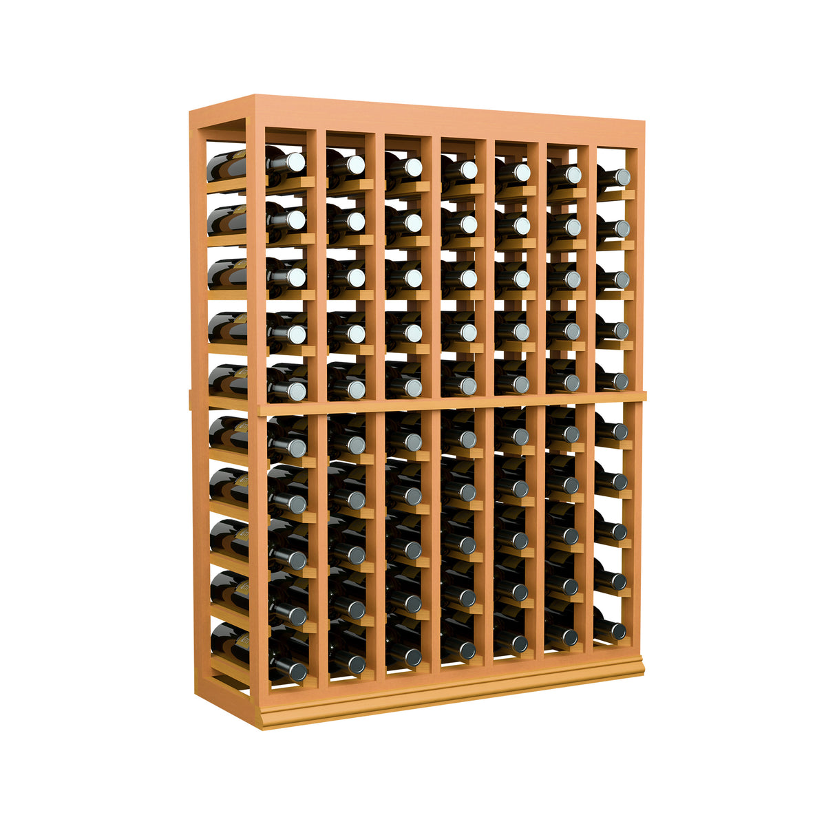 Wine bottle tasting table with half-height solid top, front view of bottle slots, light stained wood