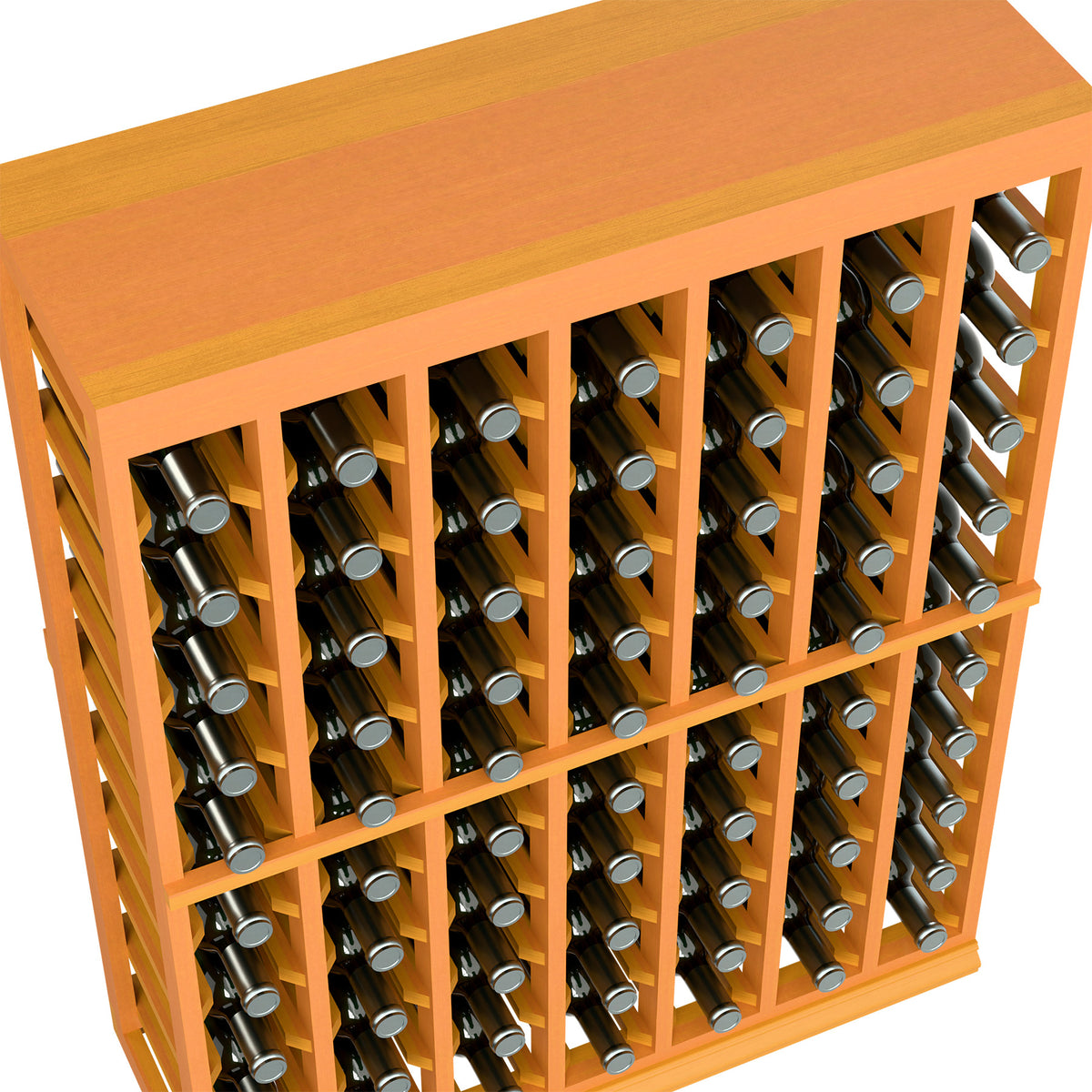 Wood wine tasting table with solid top, half-height rack and bottle rows, orange finish