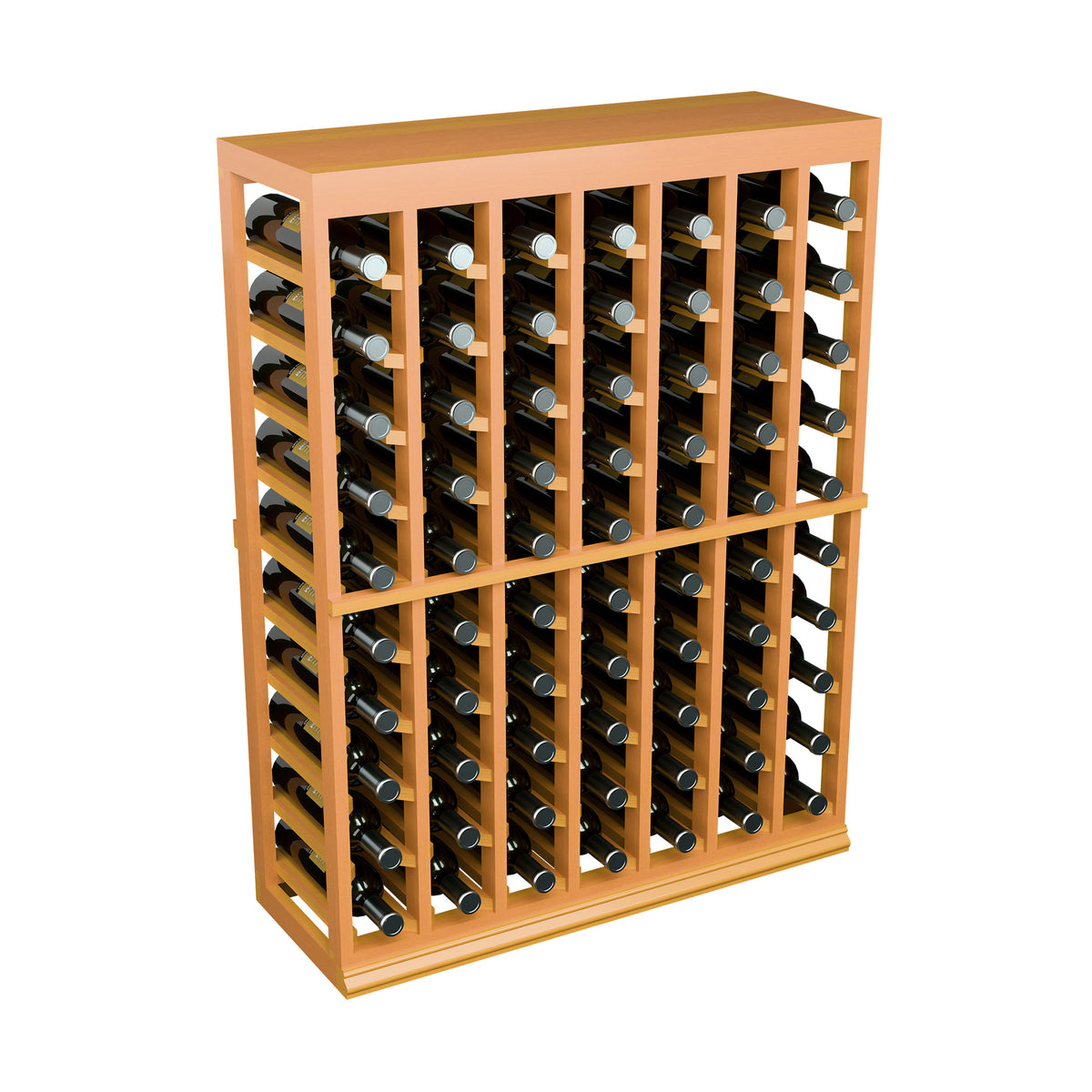 Half-height wine tasting table with solid top and front bottle slots, natural wood finish
