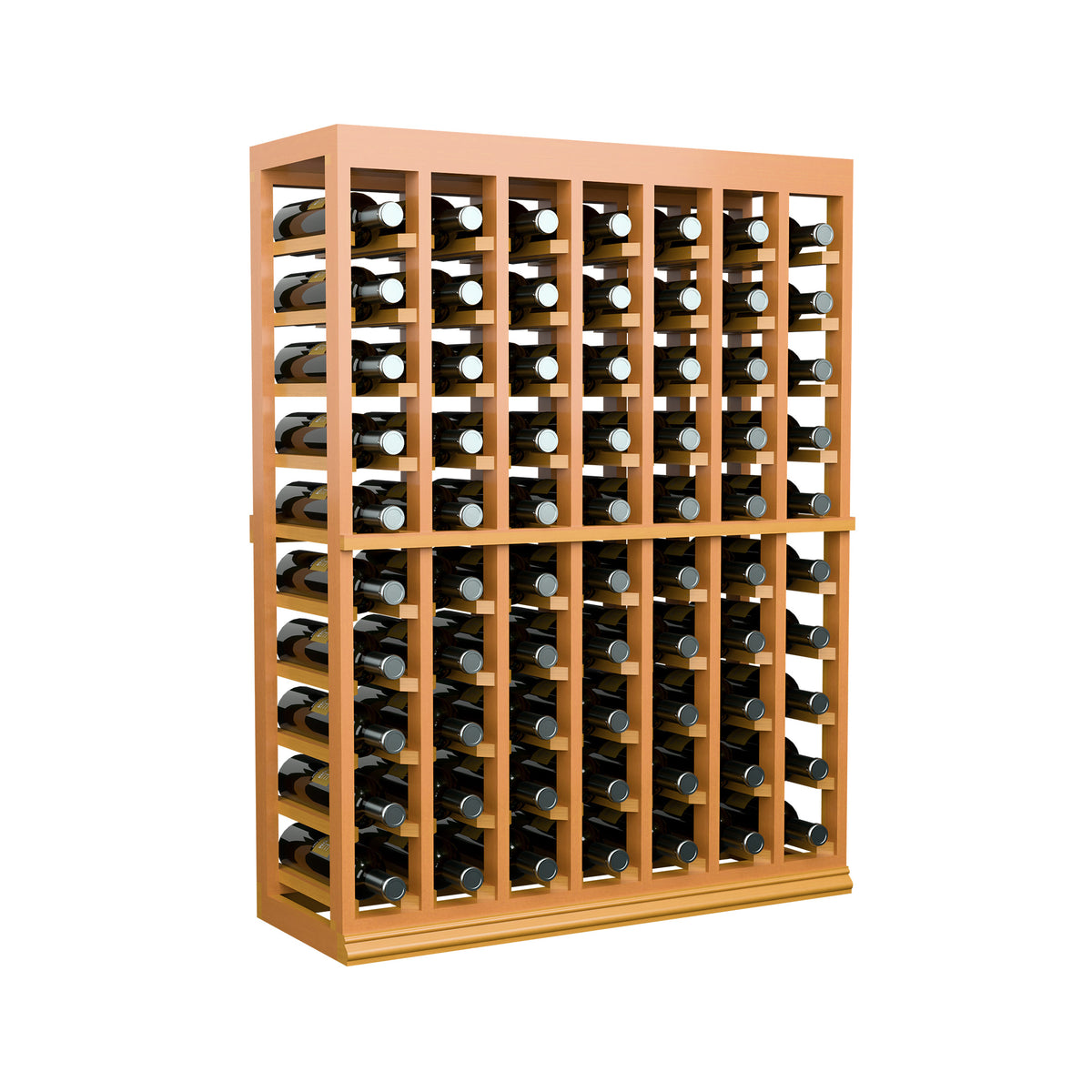 Wine tasting table with solid top and half-height bottle rack, warm wood frame